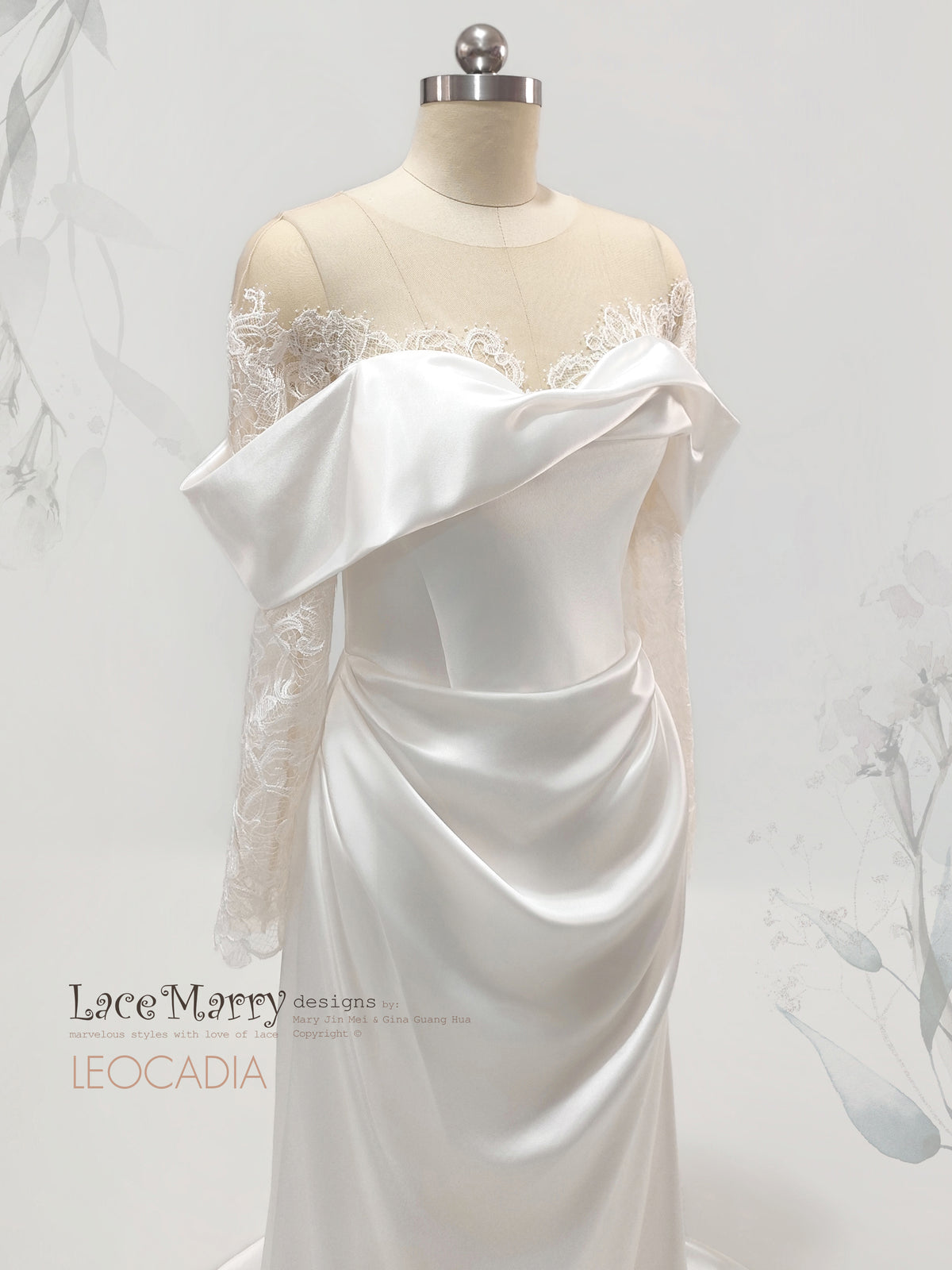 LEOCADIA / Draped Satin Skirt Wedding Dress with Off Shoulder Lace Sleeves