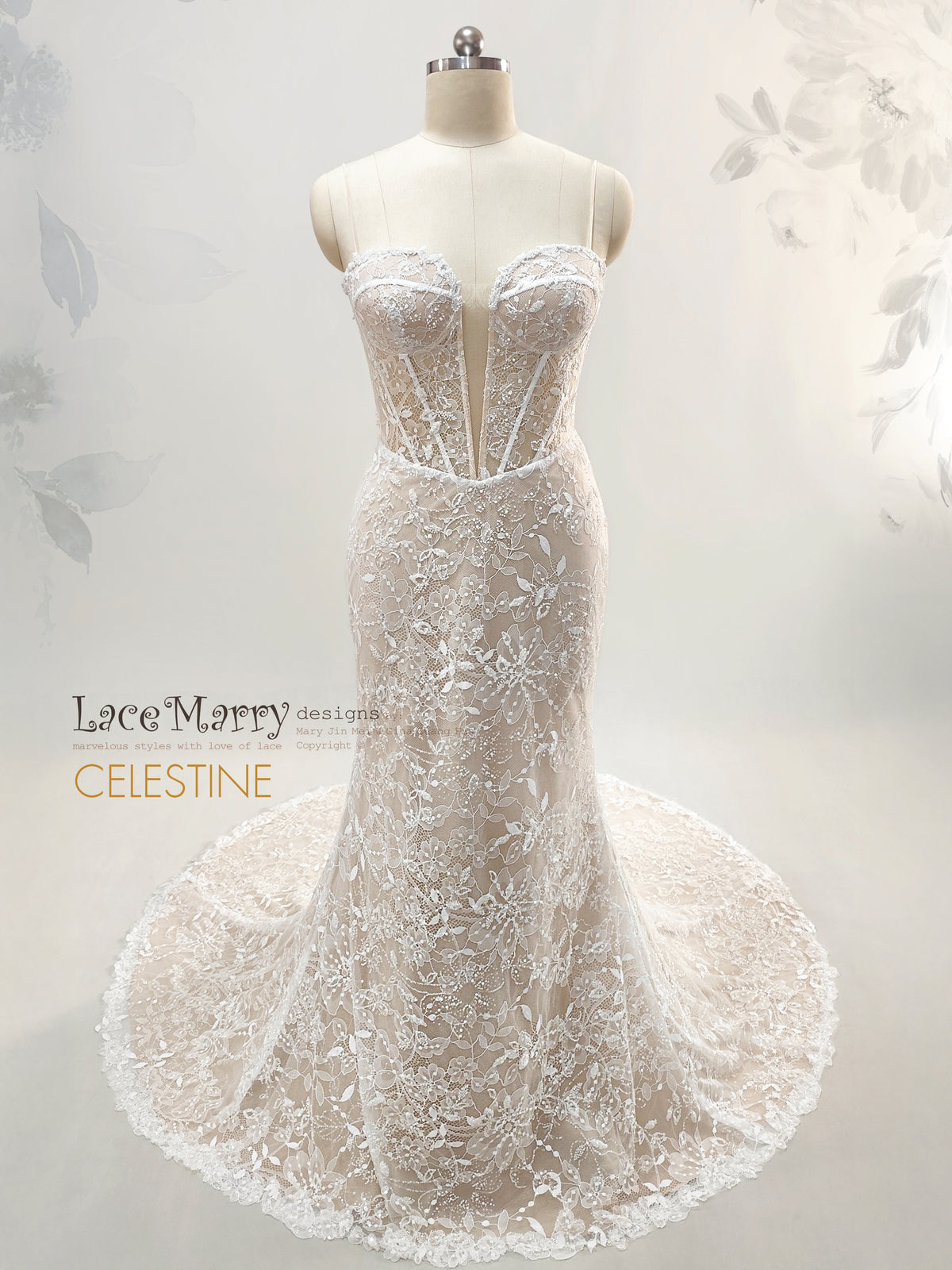 CELESTINE / Fitted Lace Wedding Dress with Illusion Corset Bodice