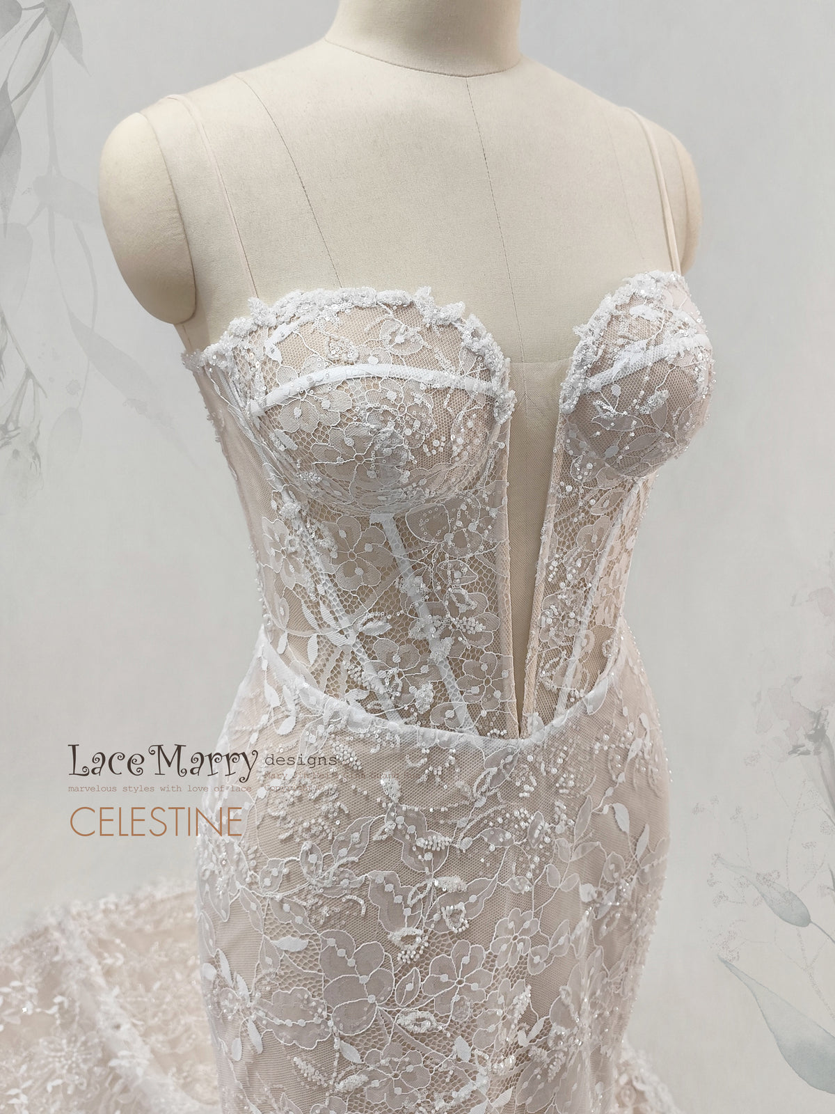 CELESTINE / Fitted Lace Wedding Dress with Illusion Corset Bodice