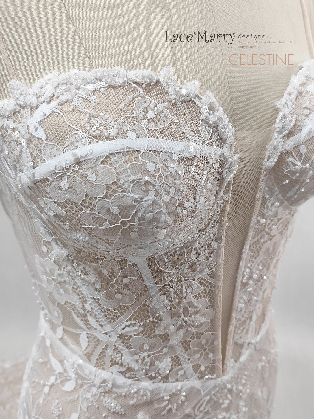 CELESTINE / Fitted Lace Wedding Dress with Illusion Corset Bodice