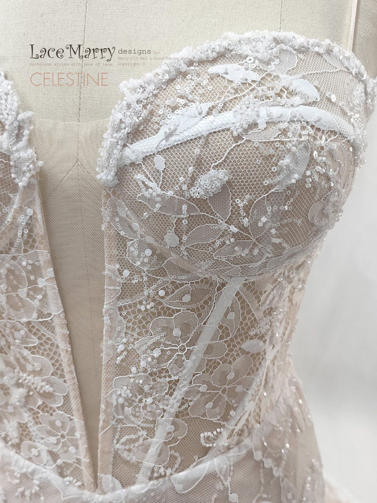 CELESTINE / Fitted Lace Wedding Dress with Illusion Corset Bodice