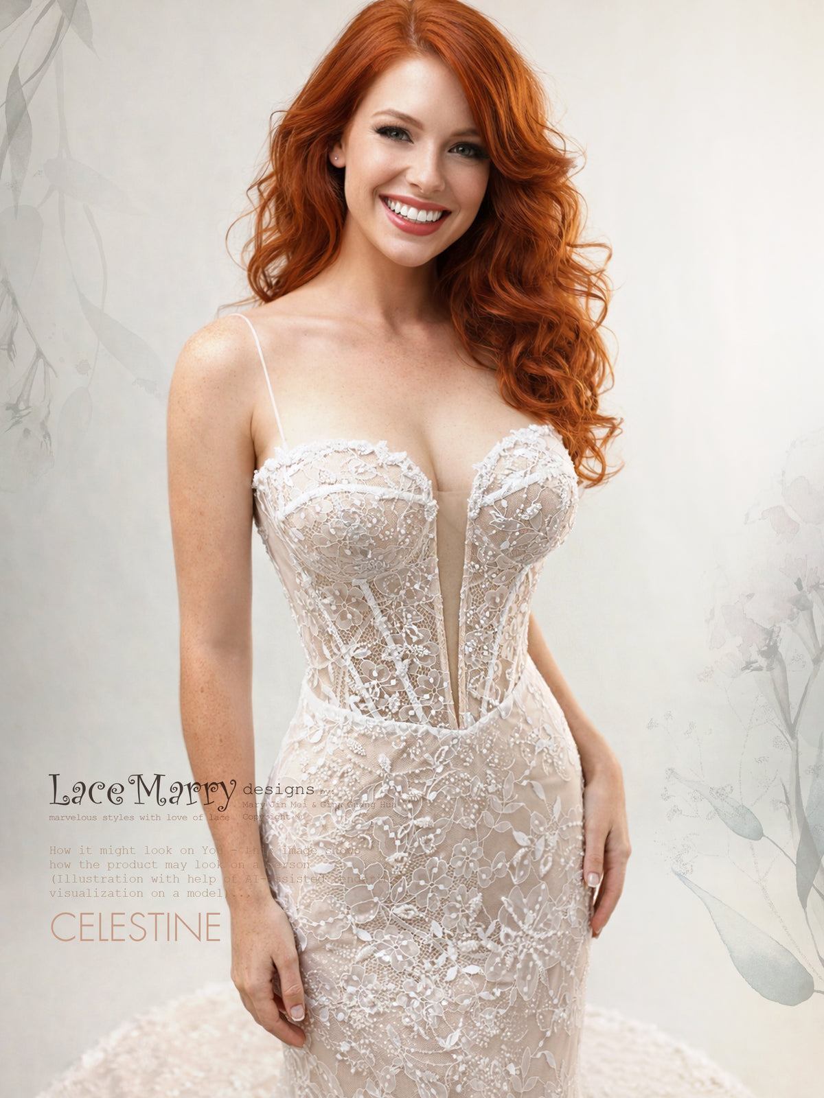 CELESTINE / Fitted Lace Wedding Dress with Illusion Corset Bodice