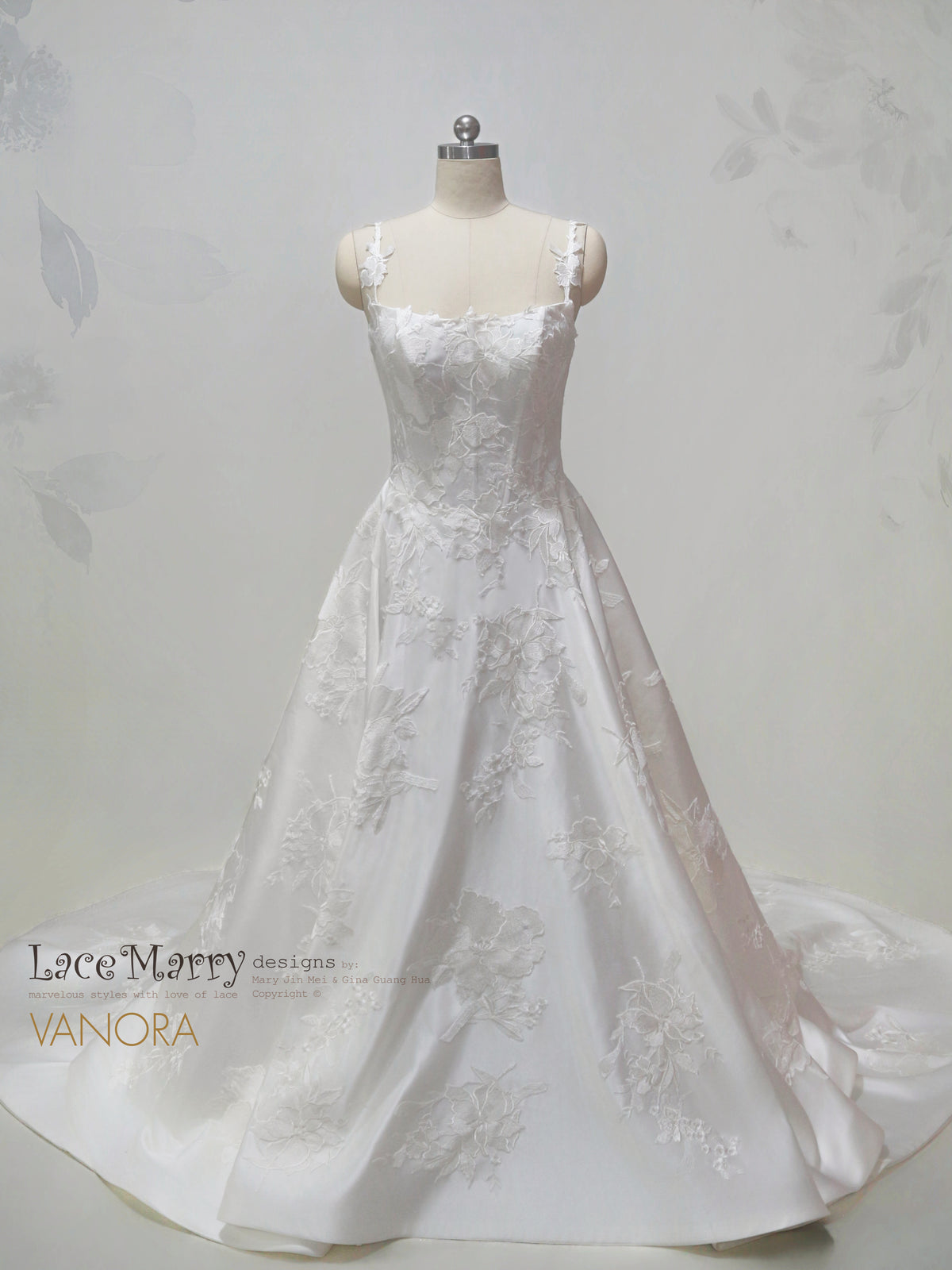 VANORA / Cat Eye Neckline Wedding Dress with Satin Base and Floral Applique Decoration