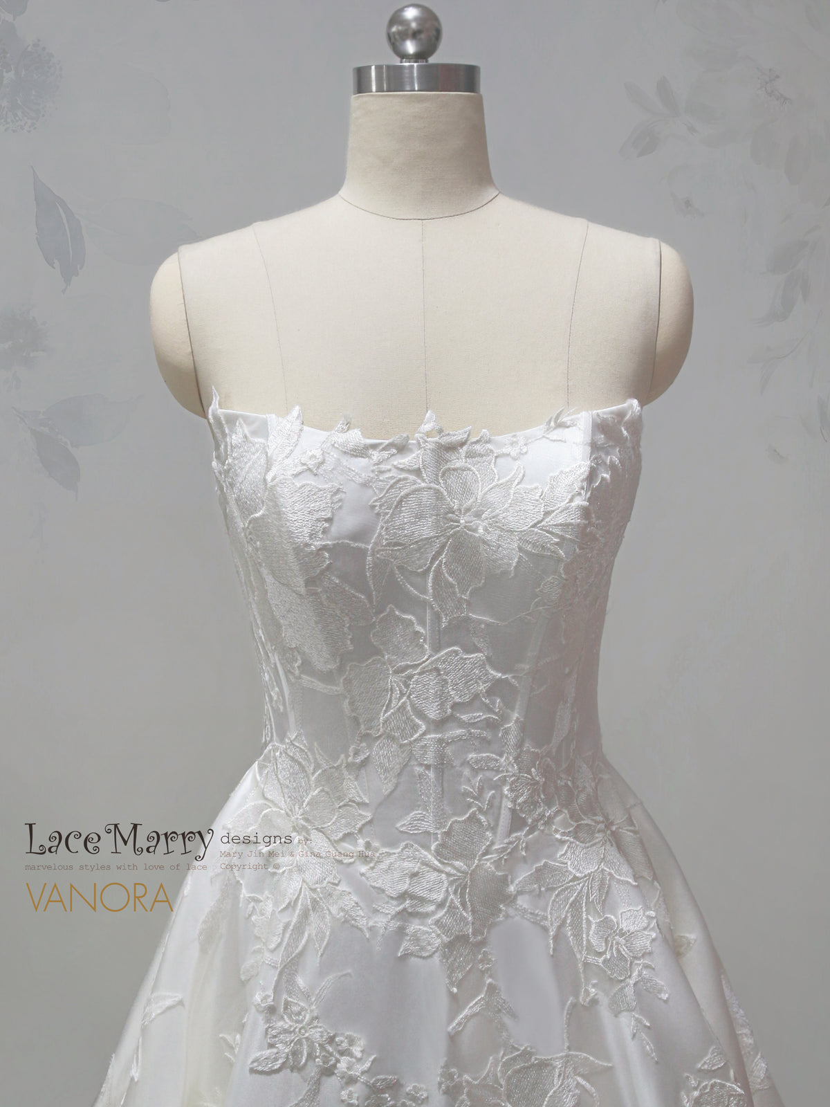 VANORA / Cat Eye Neckline Wedding Dress with Satin Base and Floral Applique Decoration