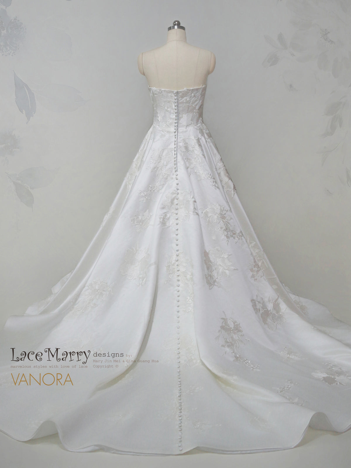 VANORA / Cat Eye Neckline Wedding Dress with Satin Base and Floral Applique Decoration