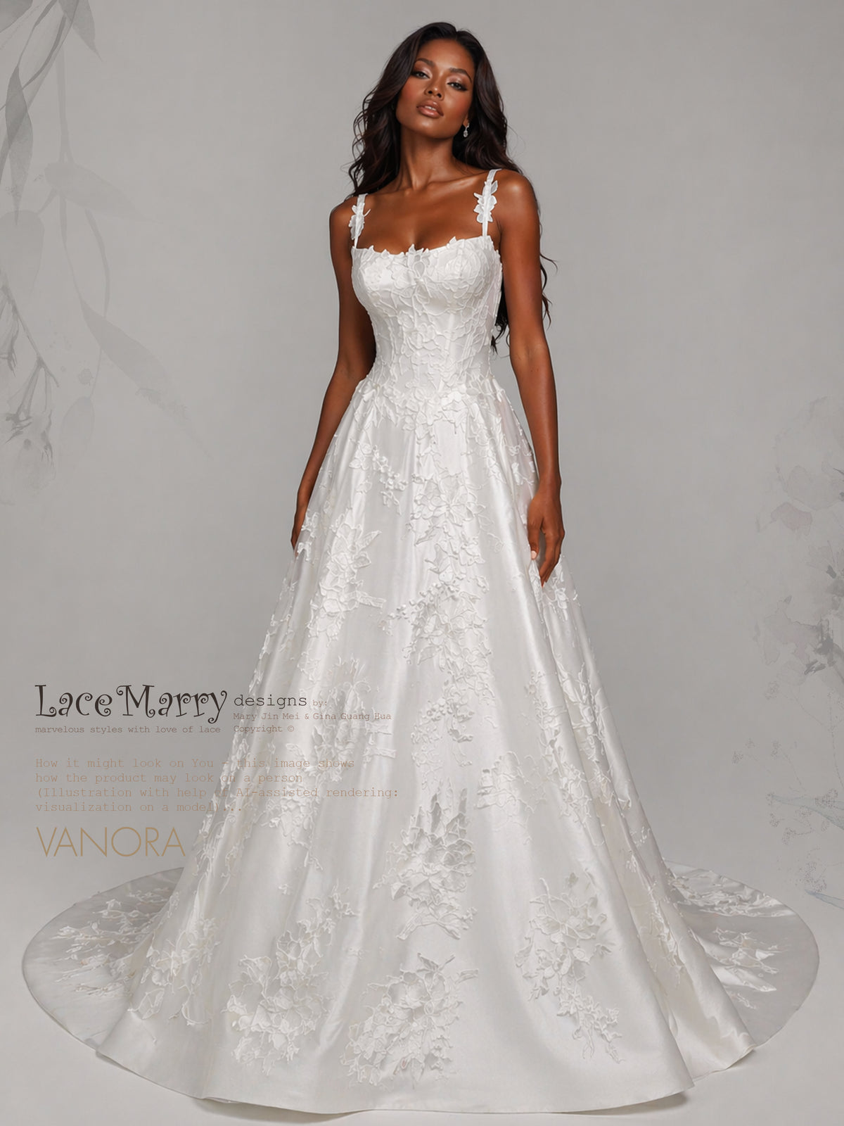 VANORA / Cat Eye Neckline Wedding Dress with Satin Base and Floral Applique Decoration