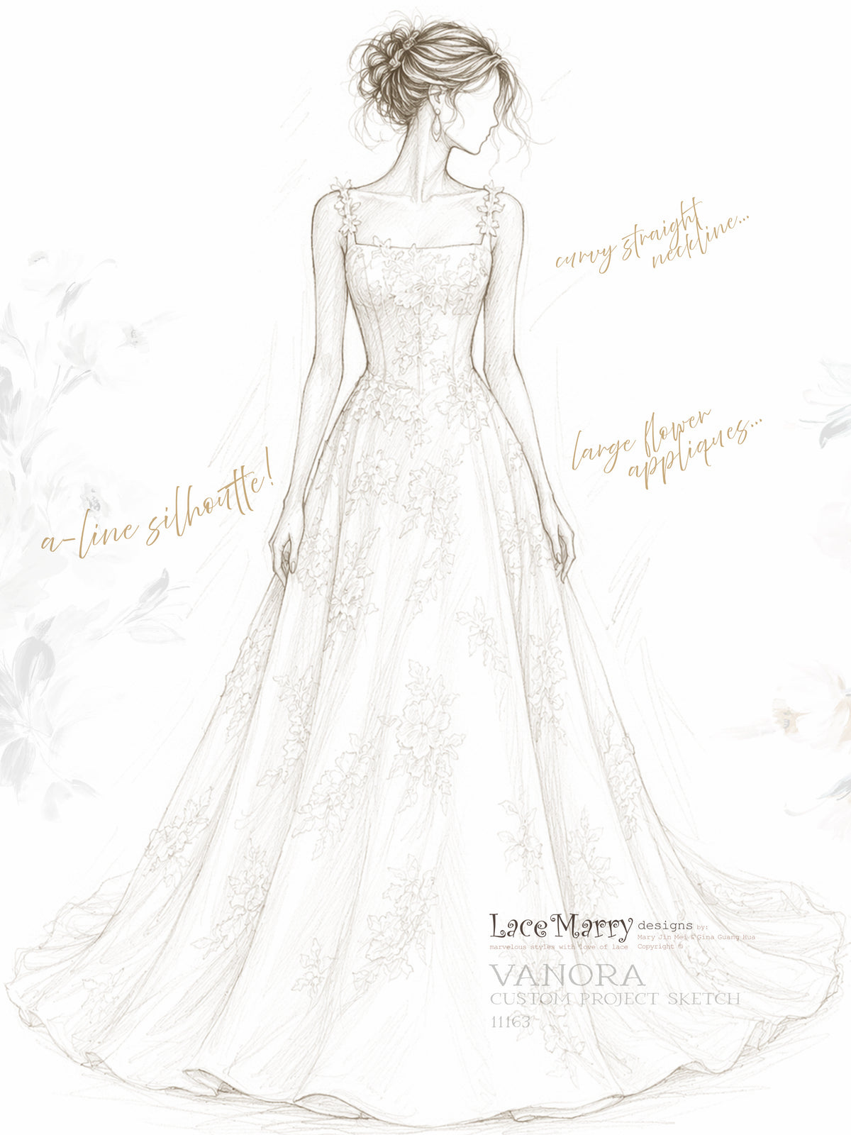VANORA / Cat Eye Neckline Wedding Dress with Satin Base and Floral Applique Decoration