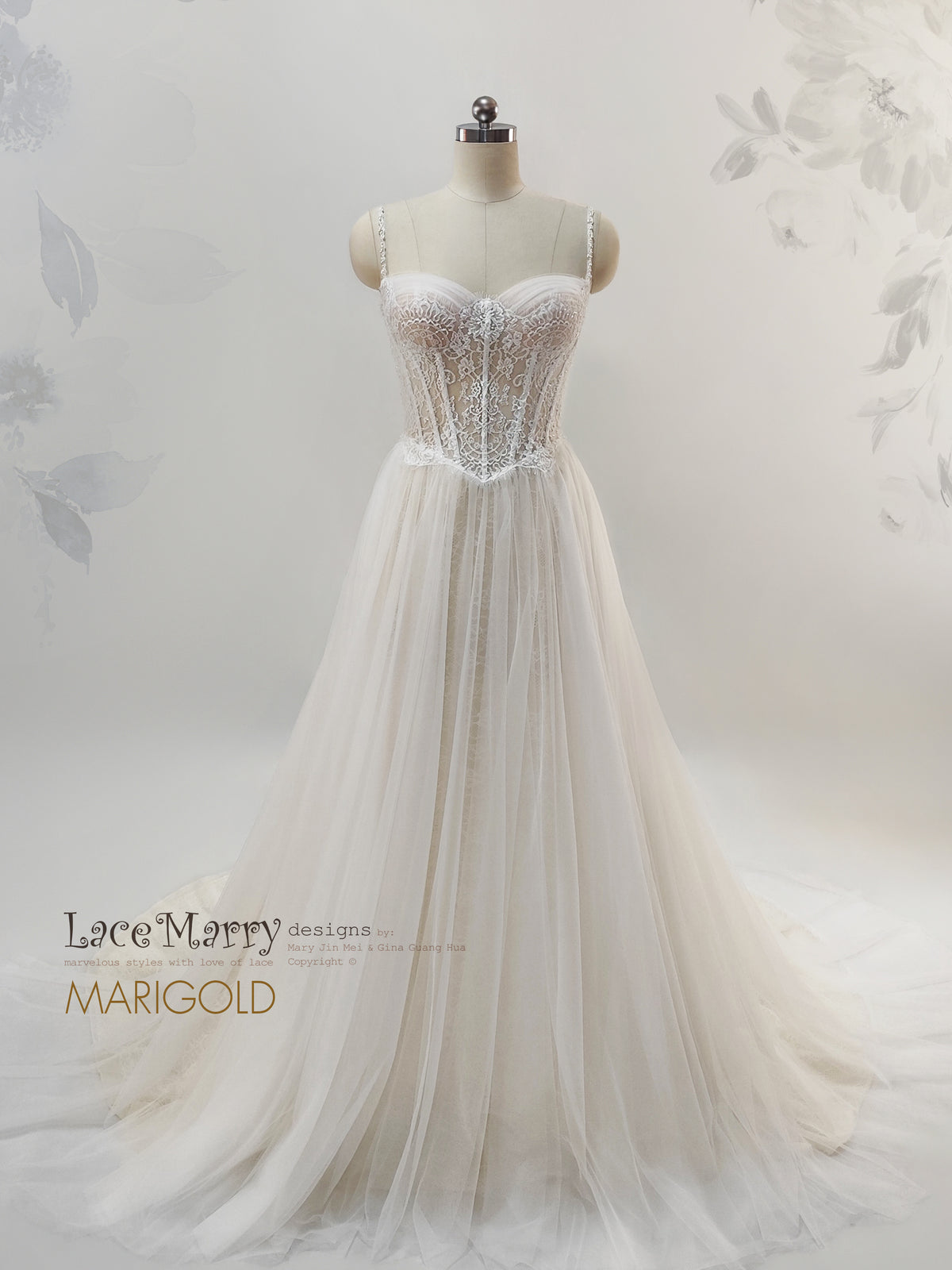 MARIGOLD / Lace Corset Wedding Dress with Basque Waist and Tulle Skirt