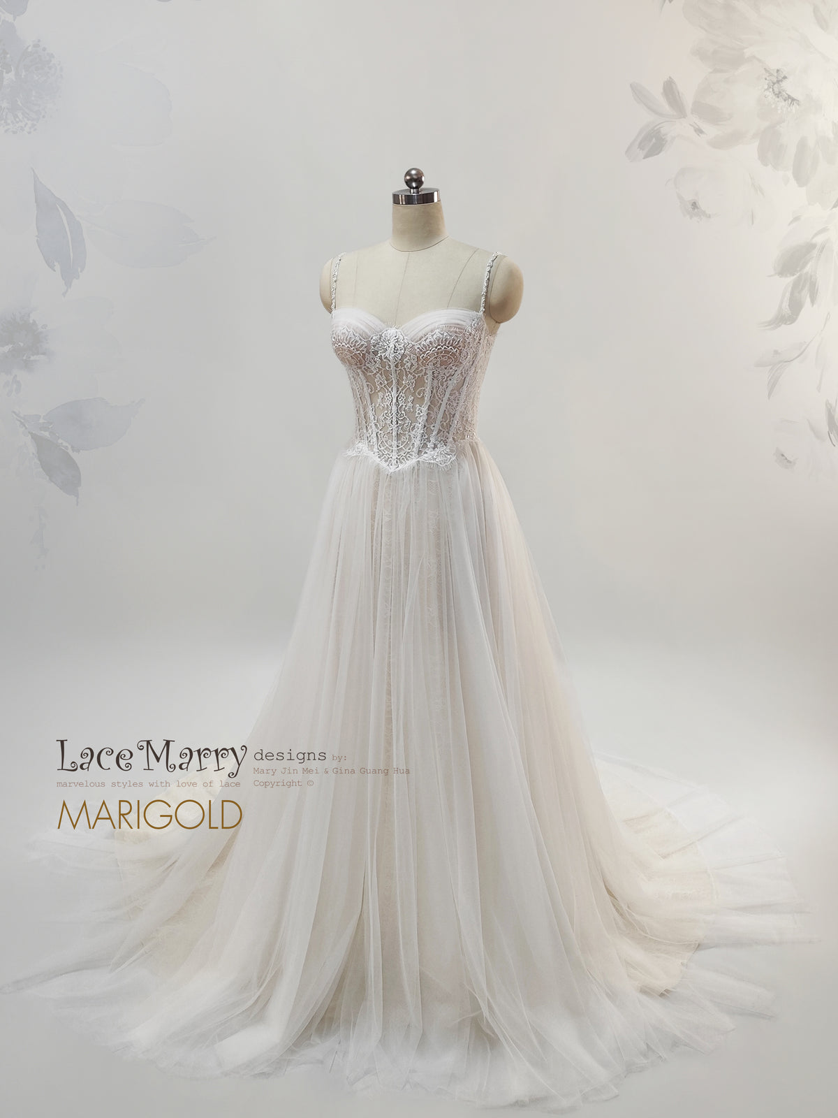 MARIGOLD / Lace Corset Wedding Dress with Basque Waist and Tulle Skirt