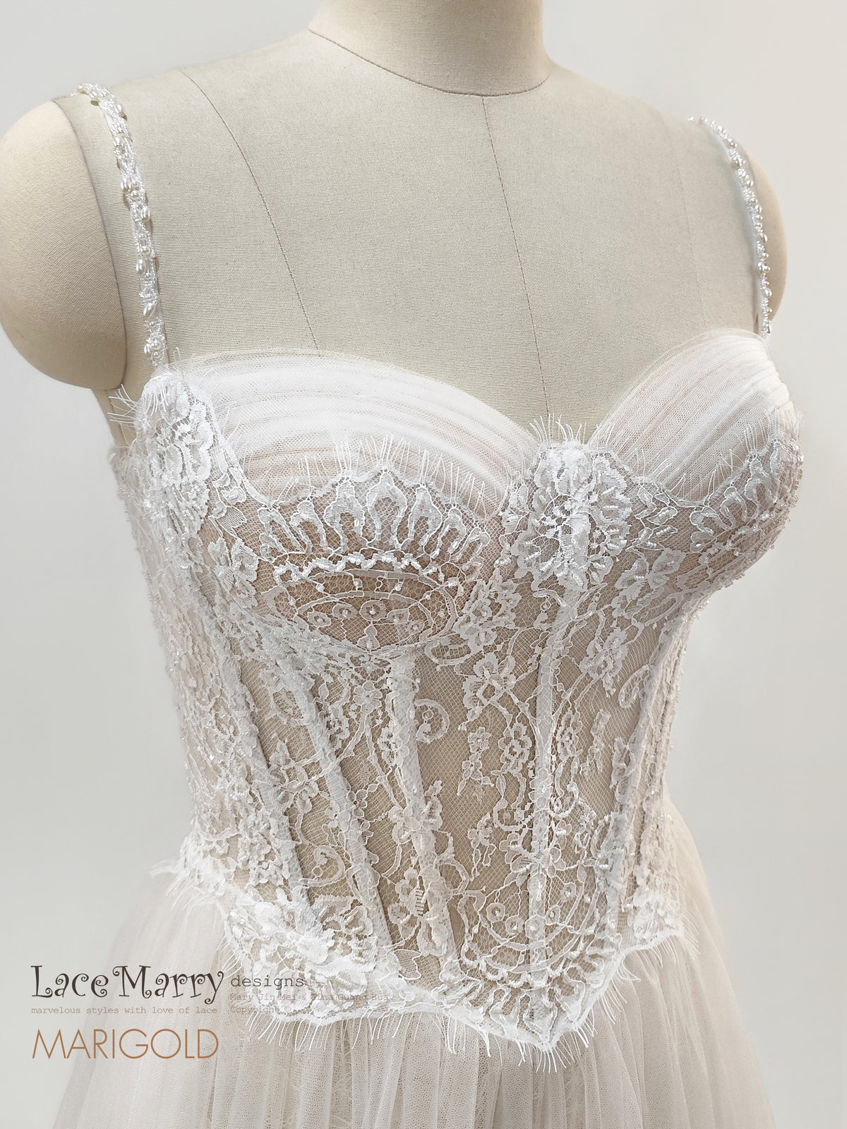 MARIGOLD / Lace Corset Wedding Dress with Basque Waist and Tulle Skirt