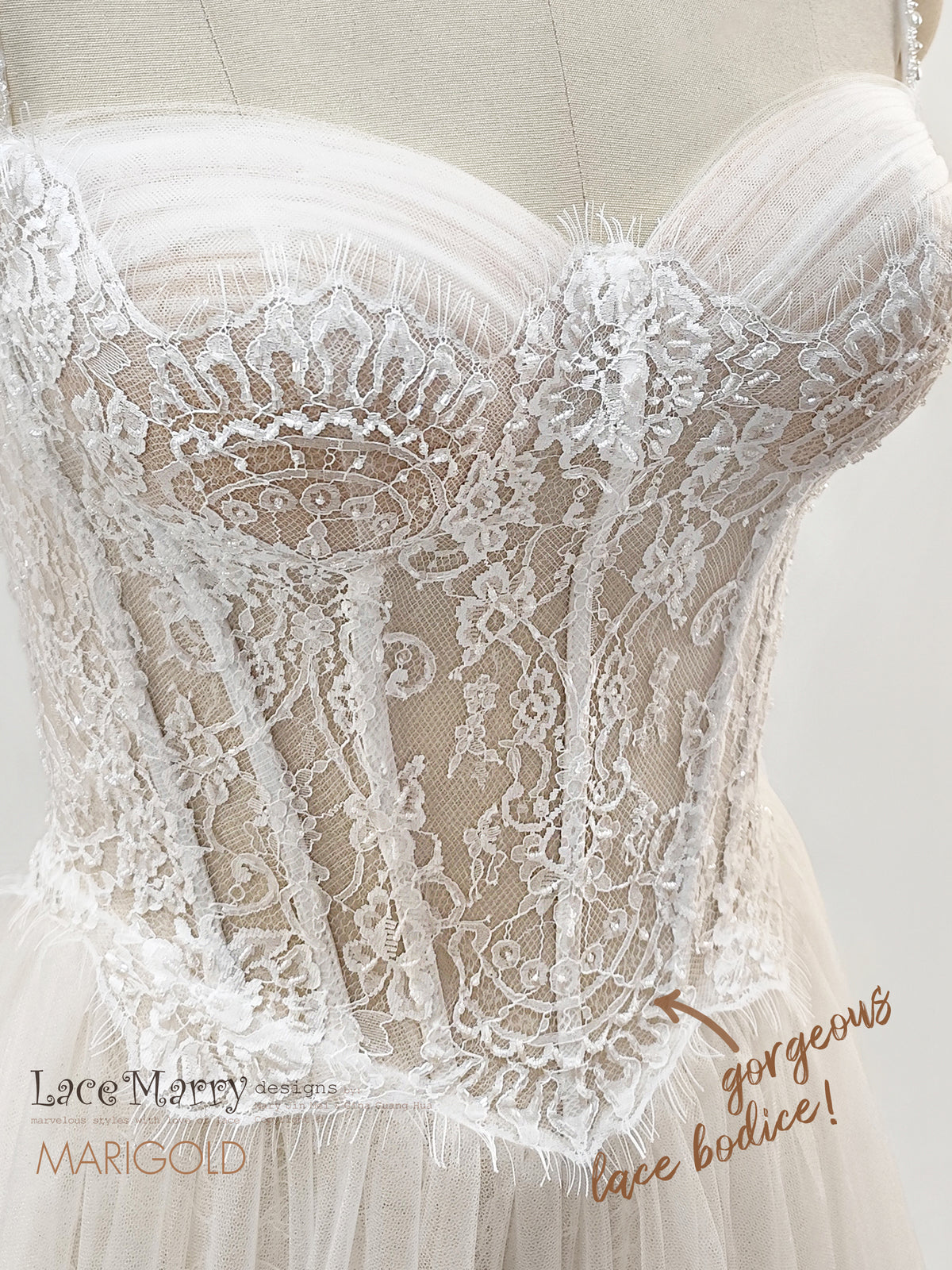 MARIGOLD / Lace Corset Wedding Dress with Basque Waist and Tulle Skirt