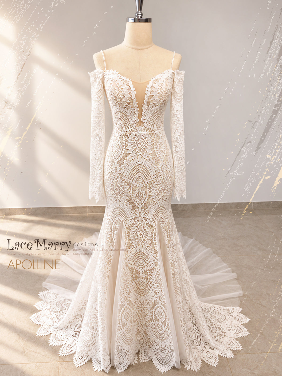 APOLLINE / Boho Lace Wedding Dress with Long Sleeves and Mermaid Silhouette