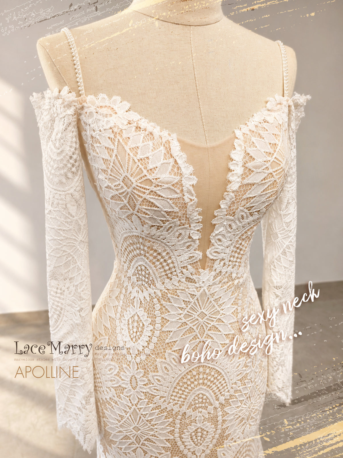 APOLLINE / Boho Lace Wedding Dress with Long Sleeves and Mermaid Silhouette