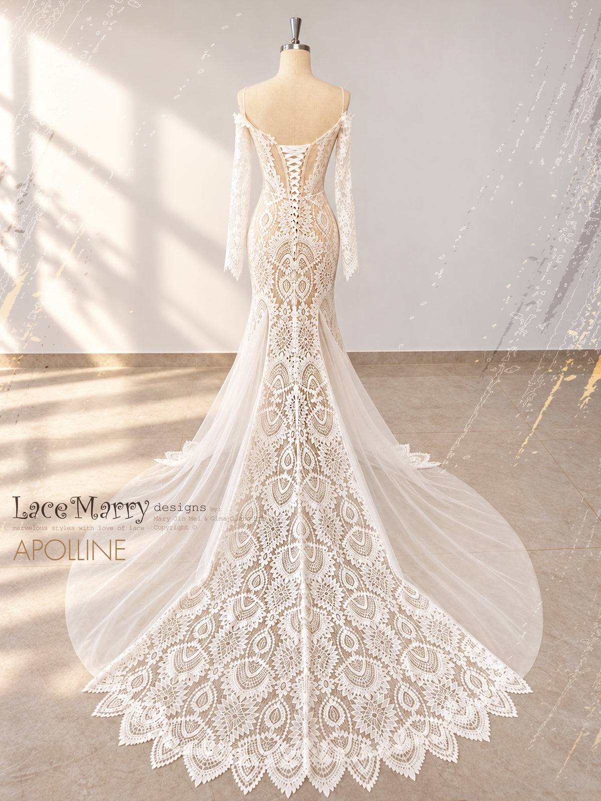 APOLLINE / Boho Lace Wedding Dress with Long Sleeves and Mermaid Silhouette