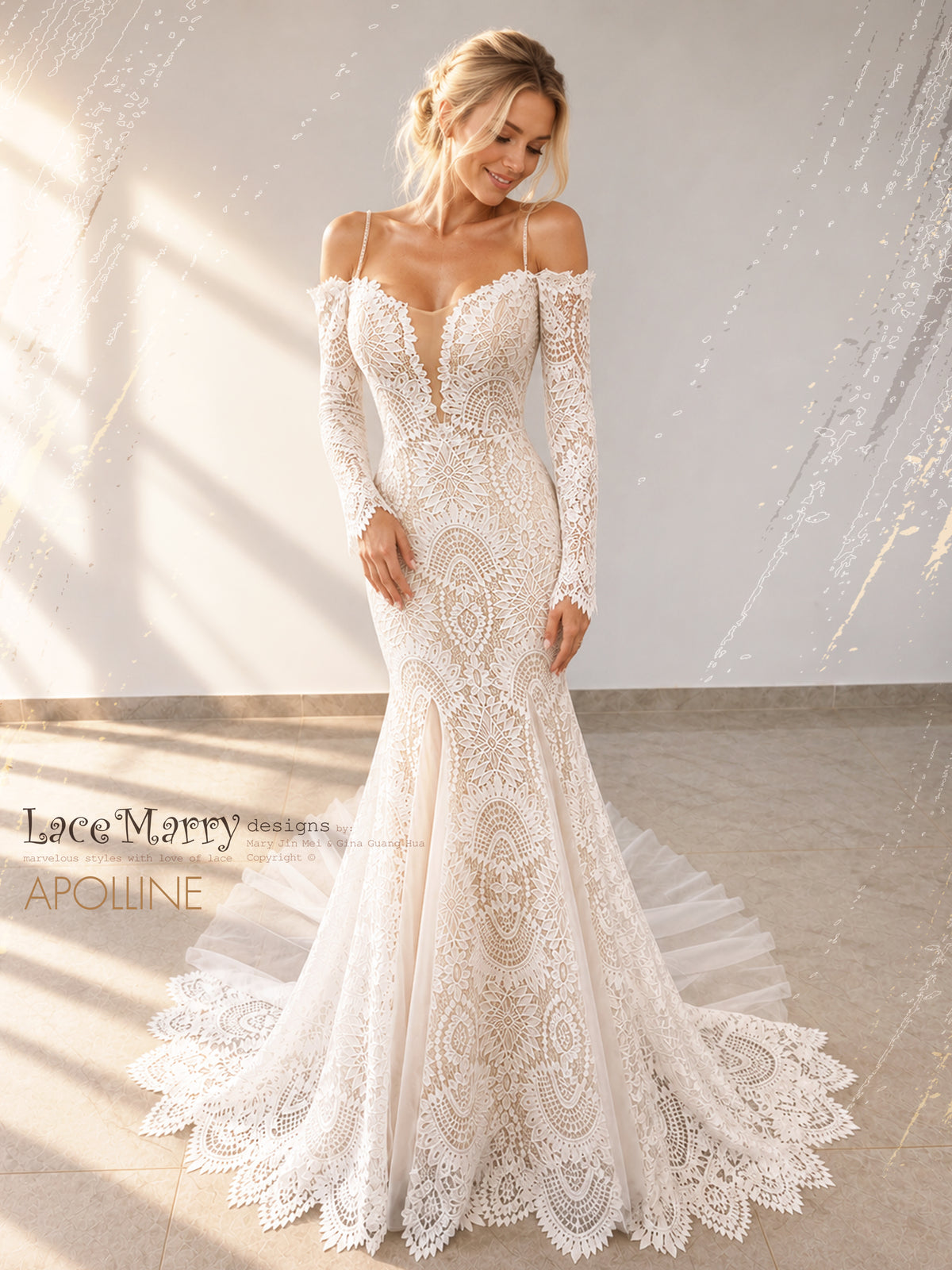 APOLLINE / Boho Lace Wedding Dress with Long Sleeves and Mermaid Silhouette