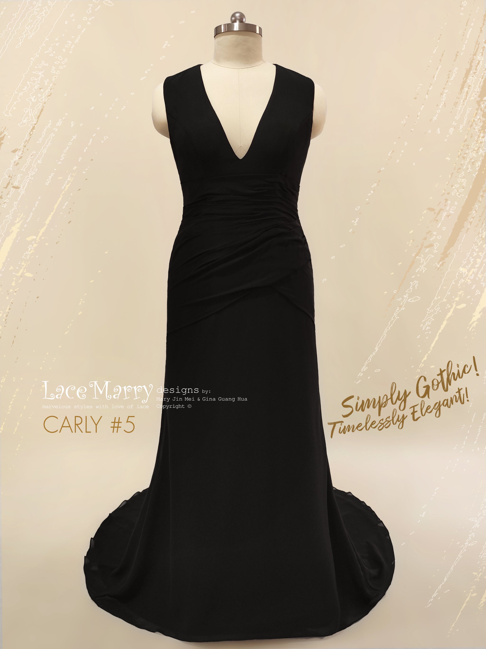 CARLY #5 / Slim A Line Black Wedding Dress with Deep Sexy V-neck - LaceMarry CARLY #5 / Slim A Line Black Wedding Dress with Deep Sexy V-neck - LaceMarry