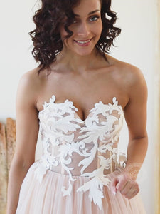 Strapless Wedding Dress with Swirl Flower Appliques