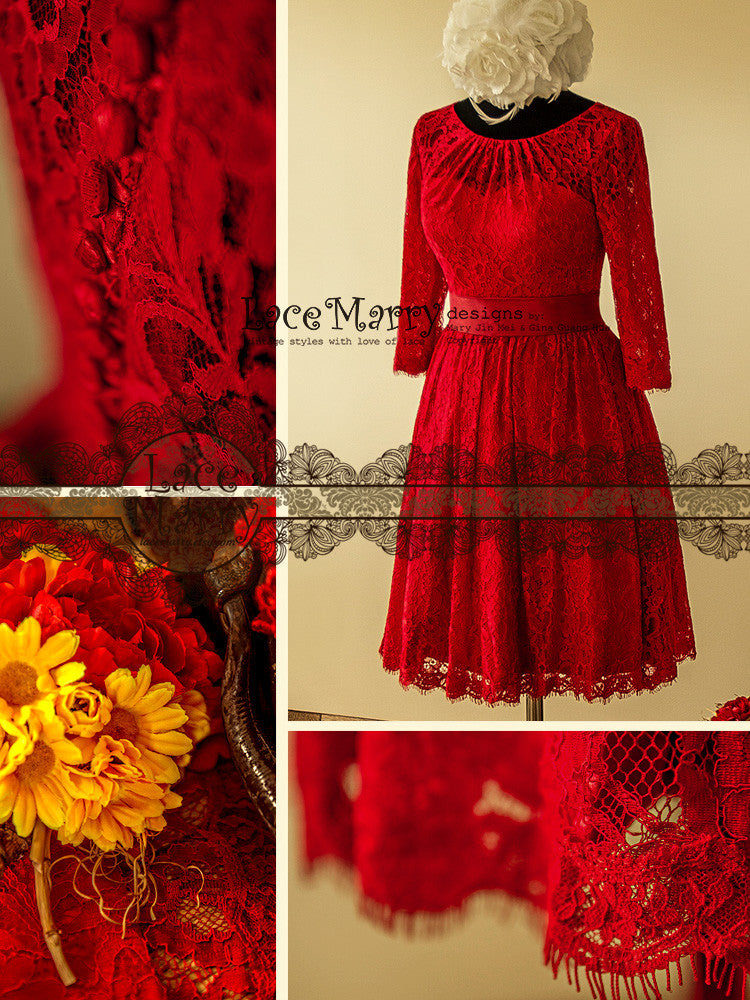 Excellent Knee Length Red Lace Wedding Dress - LaceMarry Excellent Knee Length Red Lace Wedding Dress - LaceMarry