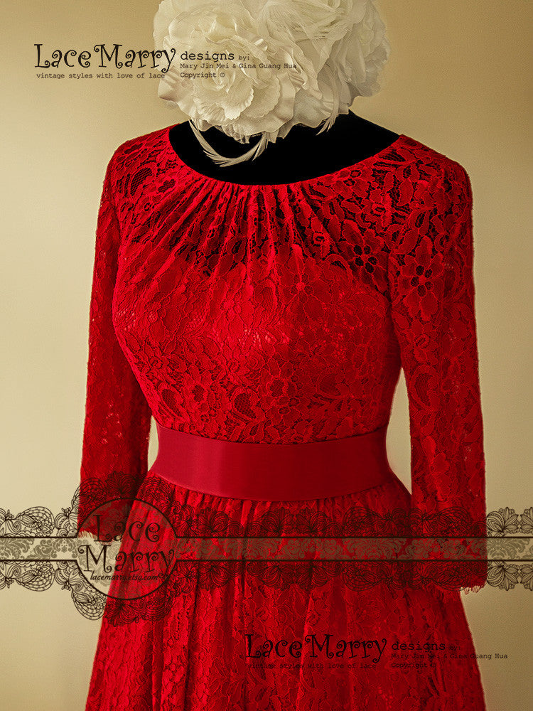 Excellent Knee Length Red Lace Wedding Dress - LaceMarry Excellent Knee Length Red Lace Wedding Dress - LaceMarry