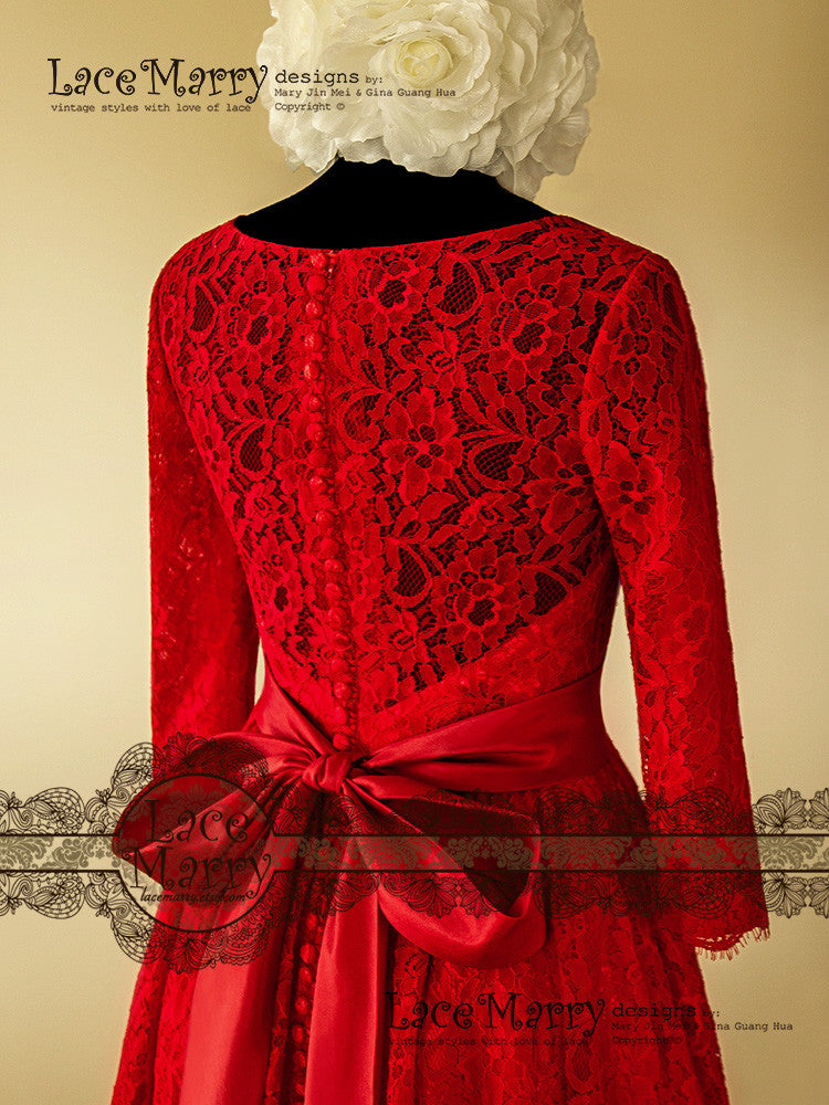 Excellent Knee Length Red Lace Wedding Dress - LaceMarry Excellent Knee Length Red Lace Wedding Dress - LaceMarry