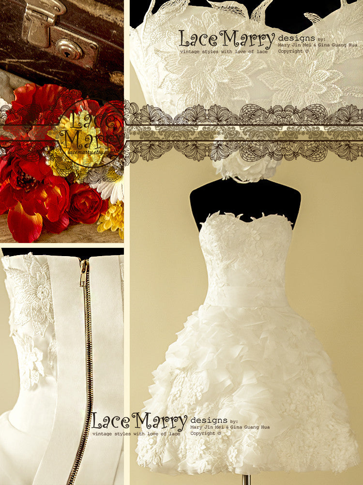 1950's Inspired Short Wedding Dress Designed with 3D Flower Appliqués 1950's Inspired Short Wedding Dress Designed with 3D Flower Appliqués