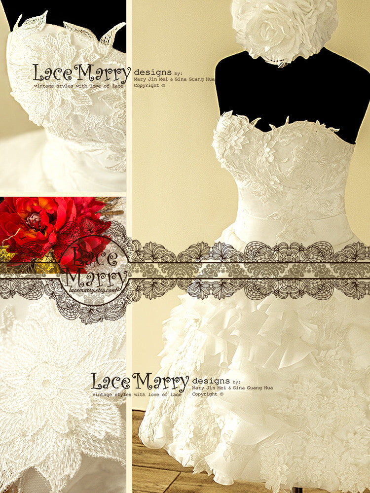 1950's Inspired Short Wedding Dress Designed with 3D Flower Appliqus - LaceMarry 1950's Inspired Short Wedding Dress Designed with 3D Flower Appliqus - LaceMarry