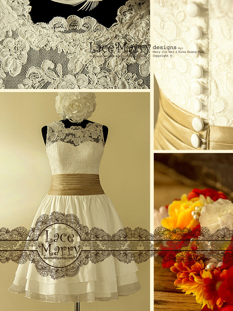 Knee Length Handmade Lace Wedding Dress