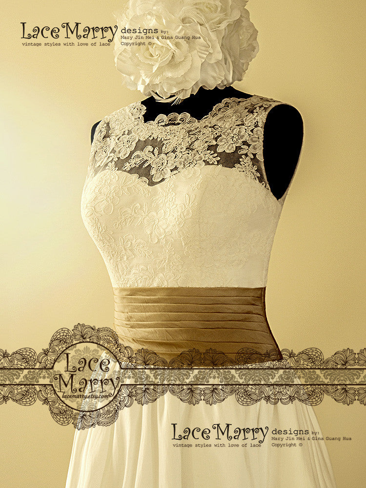 Lace Wedding Dress with Wide Golden Sash