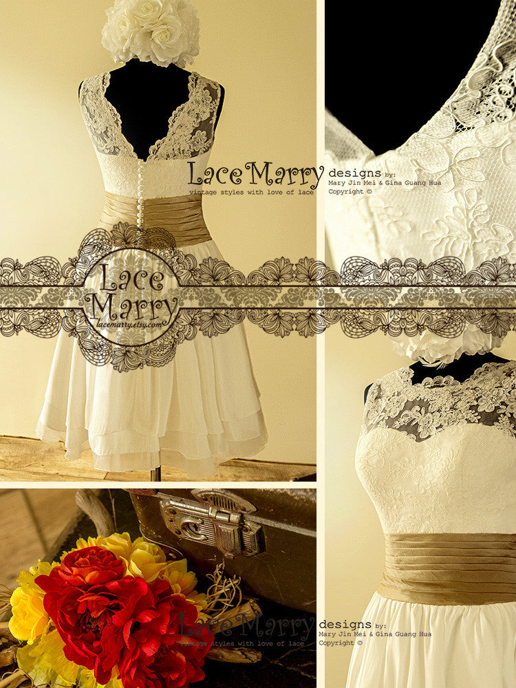 V Cut Back Short Lace Wedding Dress