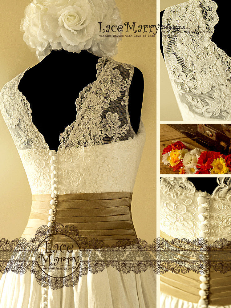 V Cut Back Short Lace Wedding Dress