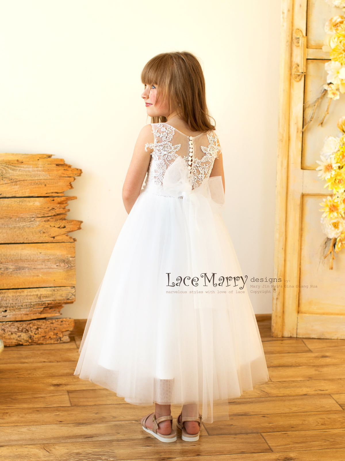 Flower Girl Dress with Lace Back with Buttons