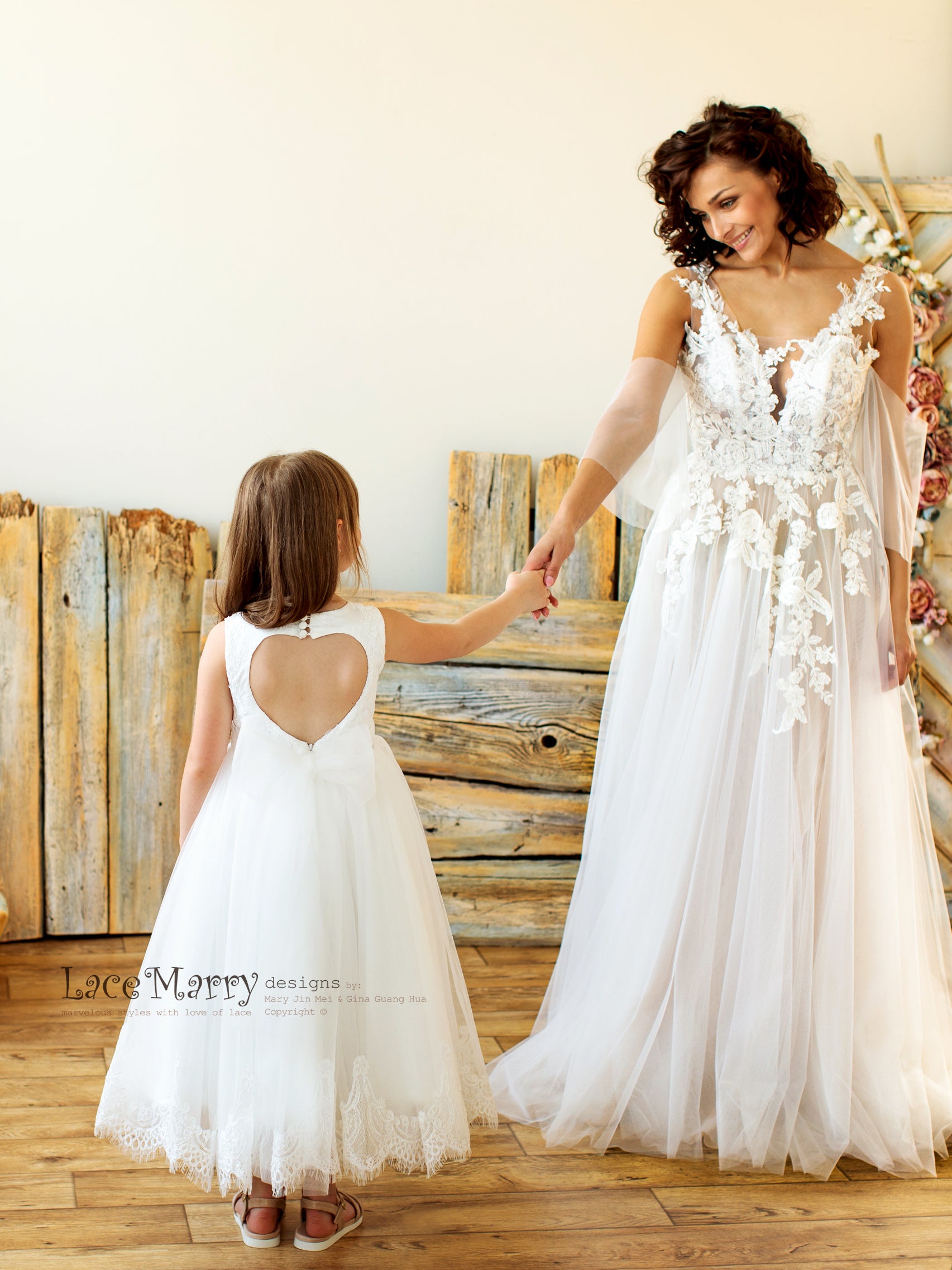 VIKA / Ivory Lace Flower Girl Dress With Princess Tulle Skirt - LaceMarry VIKA / Ivory Lace Flower Girl Dress With Princess Tulle Skirt - LaceMarry