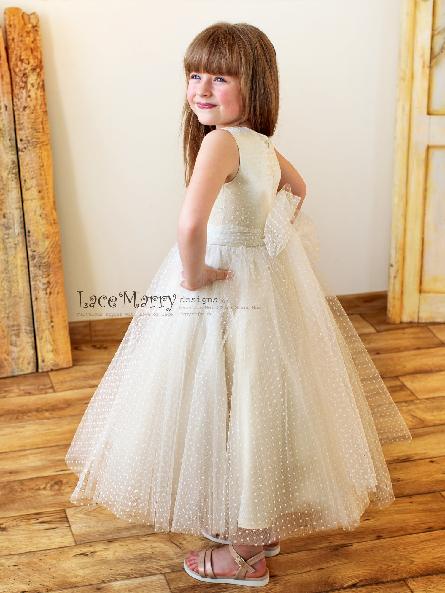 MELA / Polka Dot Tulle & Champagne Silk Underlay Flower Girl Dress - LaceMarry MELA / Polka Dot Tulle & Champagne Silk Underlay Flower Girl Dress - LaceMarry