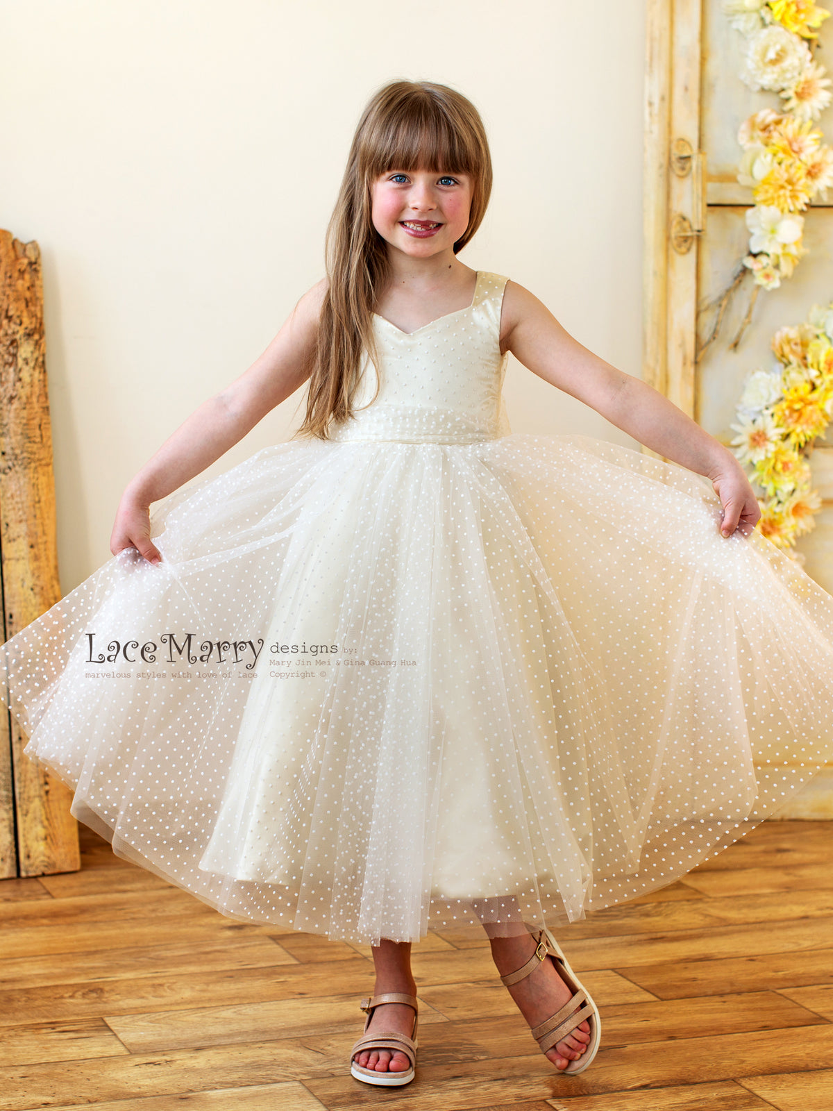 MELA / Polka Dot Tulle & Champagne Silk Underlay Flower Girl Dress