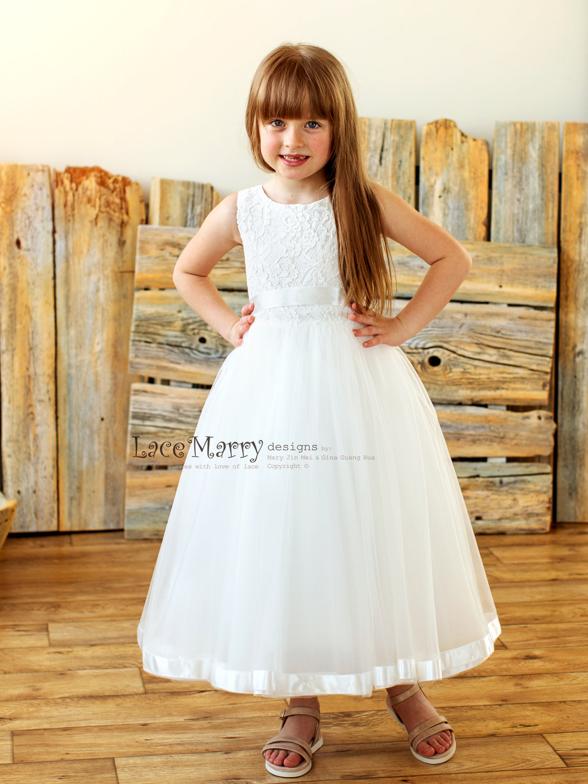 Scoop Neck Flower Girl Dress with Ribbon Trimmed Tulle Skirt