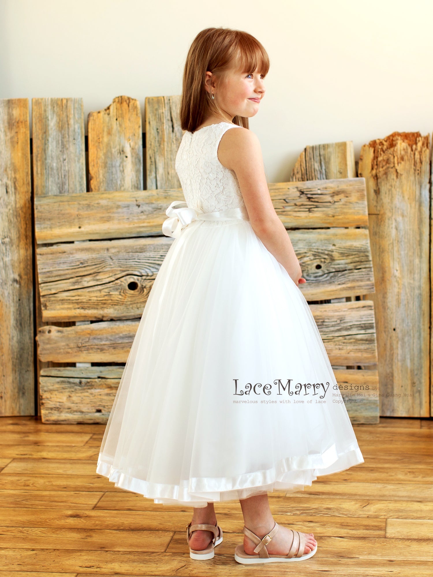 Tulle and Lace Flower Girl Dress with Ribbon Trimmed Skirt Hem - LaceMarry Tulle and Lace Flower Girl Dress with Ribbon Trimmed Skirt Hem - LaceMarry