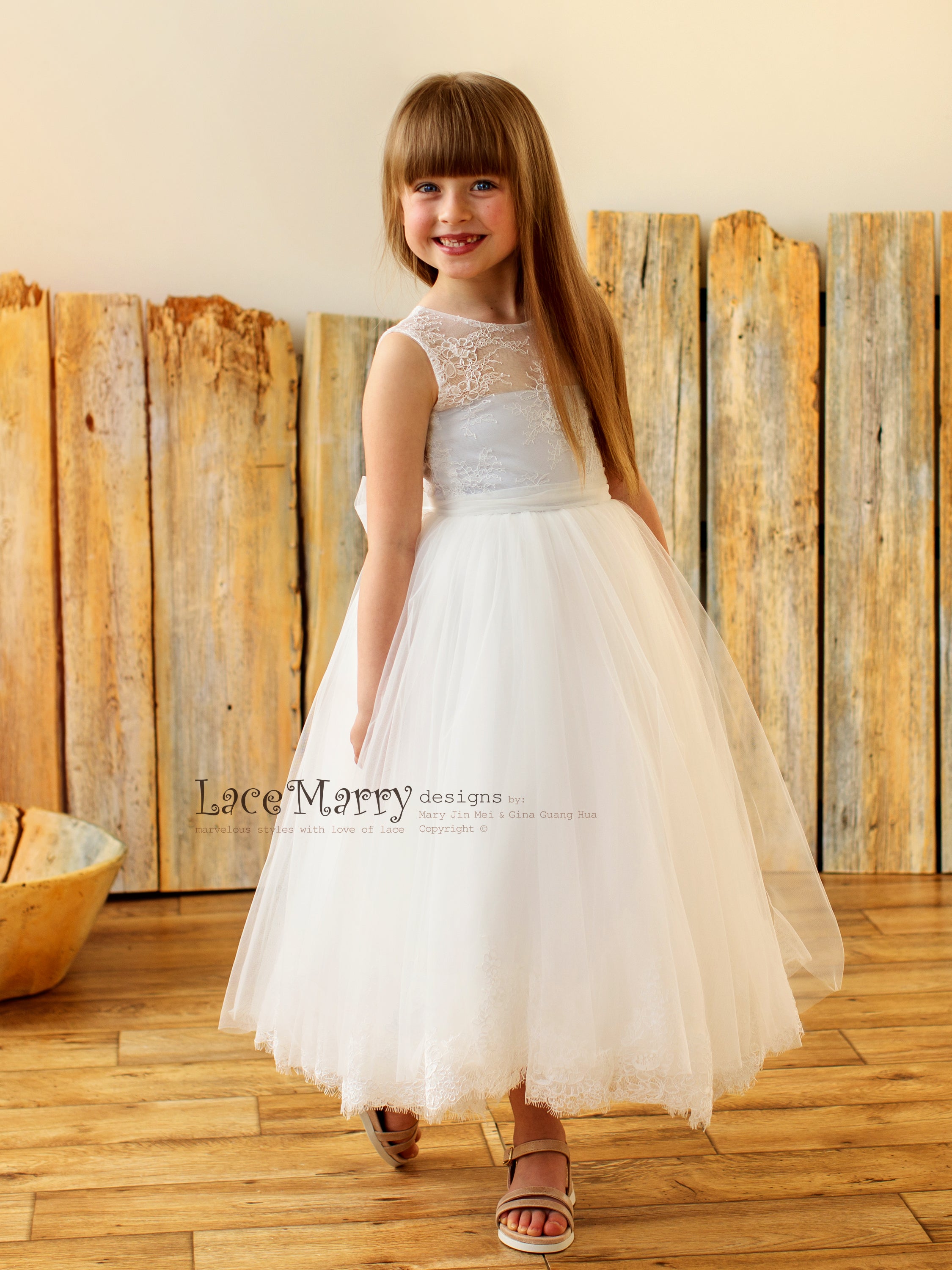 boho girls dresses Ivory Chiffon Long Flower Girl Dress Princess tulle skirt in knee length LANA / Boho Lace Flower