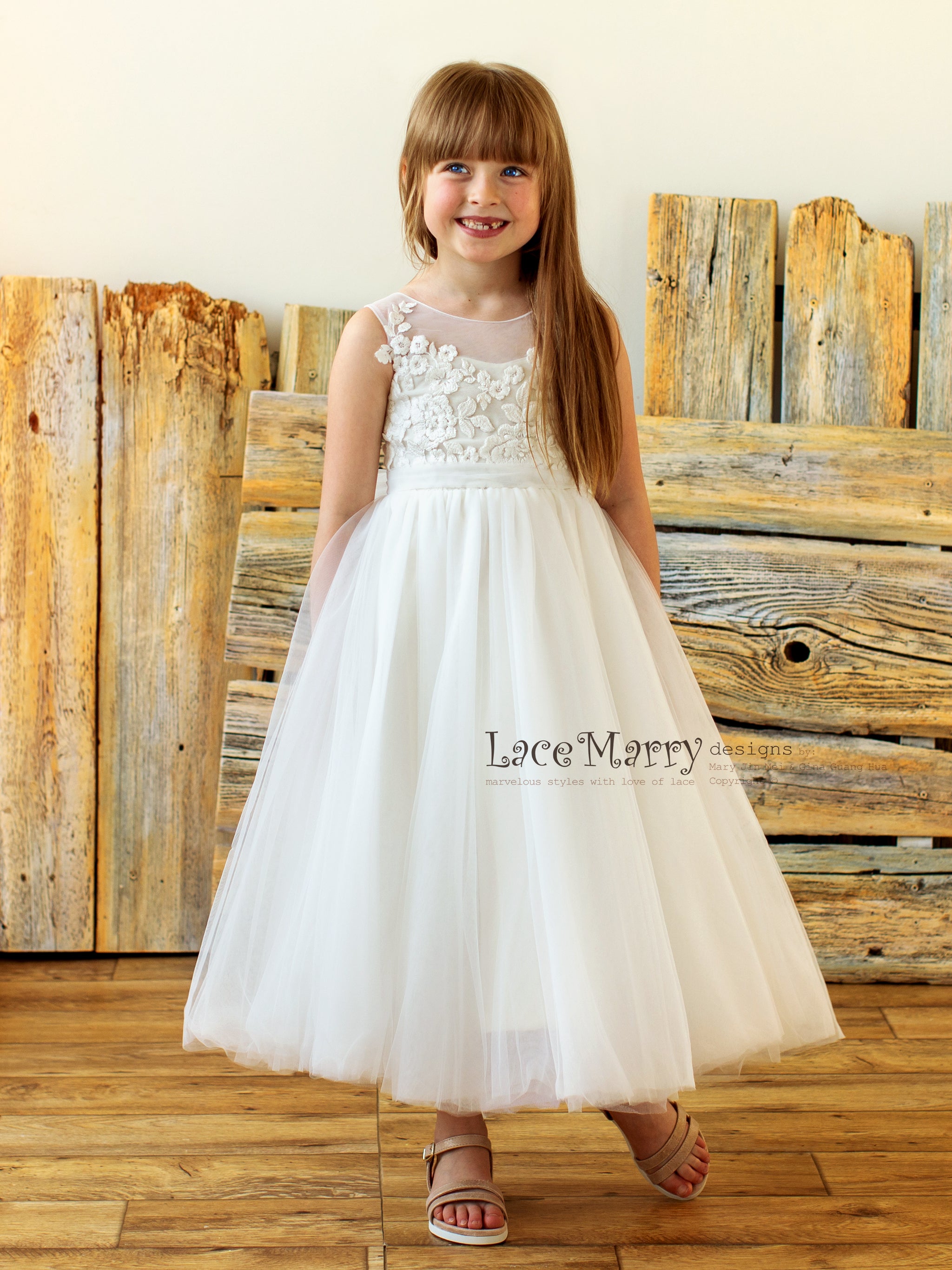 BETCY / Junior Bridesmaid Dress with Ivory Flower Appliques - LaceMarry BETCY / Junior Bridesmaid Dress with Ivory Flower Appliques - LaceMarry