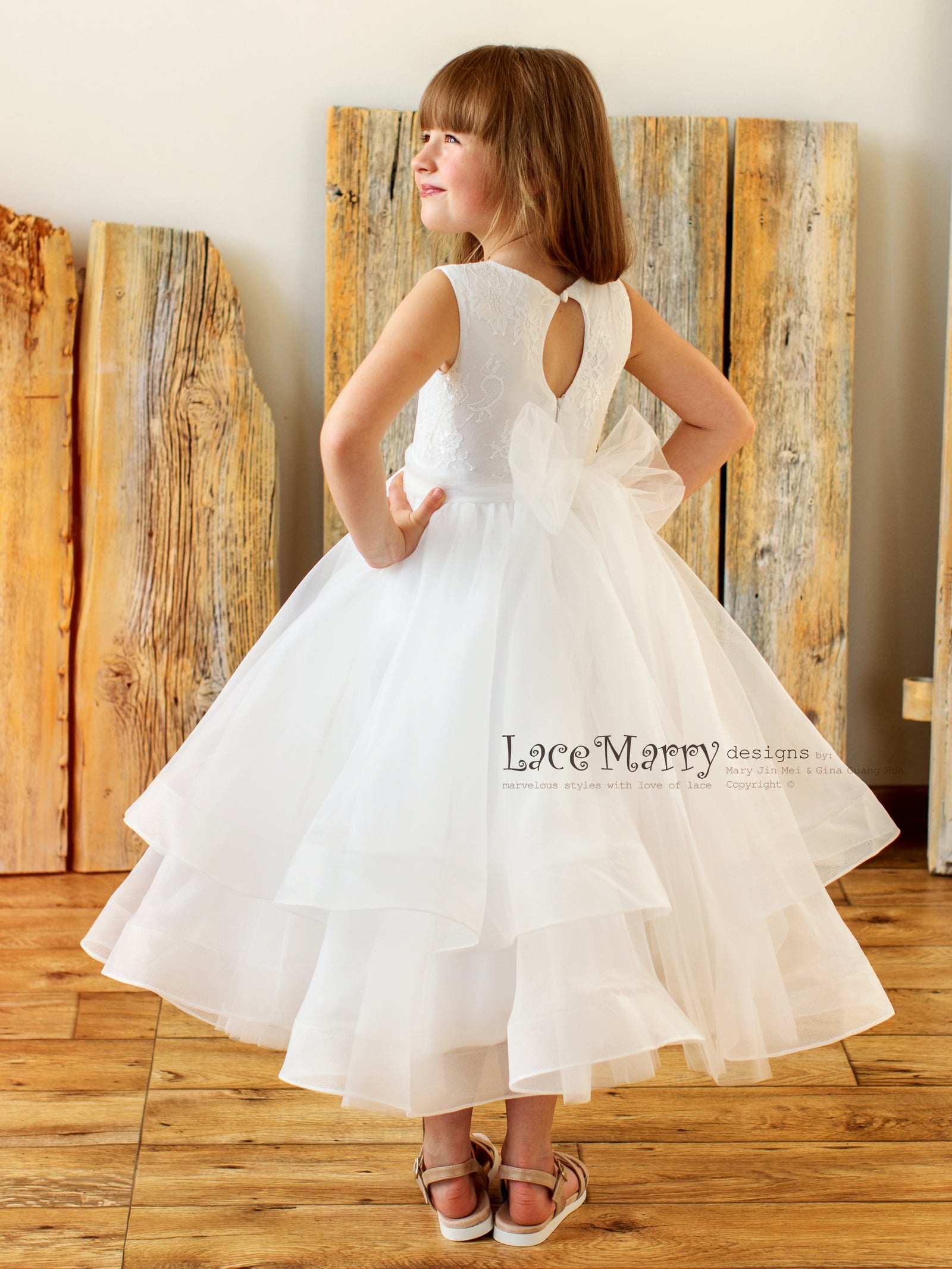 Keyhole Back Flower Girl Dress with Horsehair Organza Skirt
