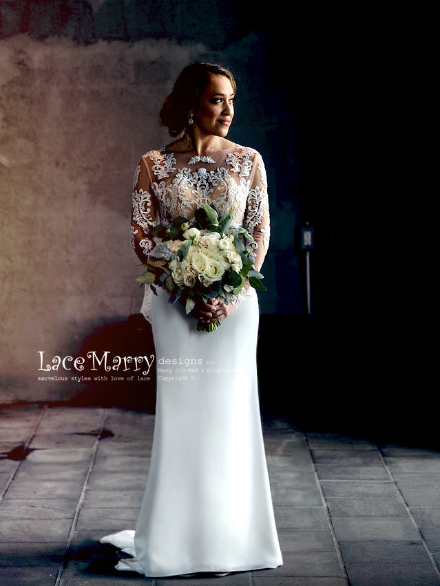 Fitted Boho Wedding Dress with Nude Top and Long Lace Sleeves - LaceMarry Fitted Boho Wedding Dress with Nude Top and Long Lace Sleeves - LaceMarry