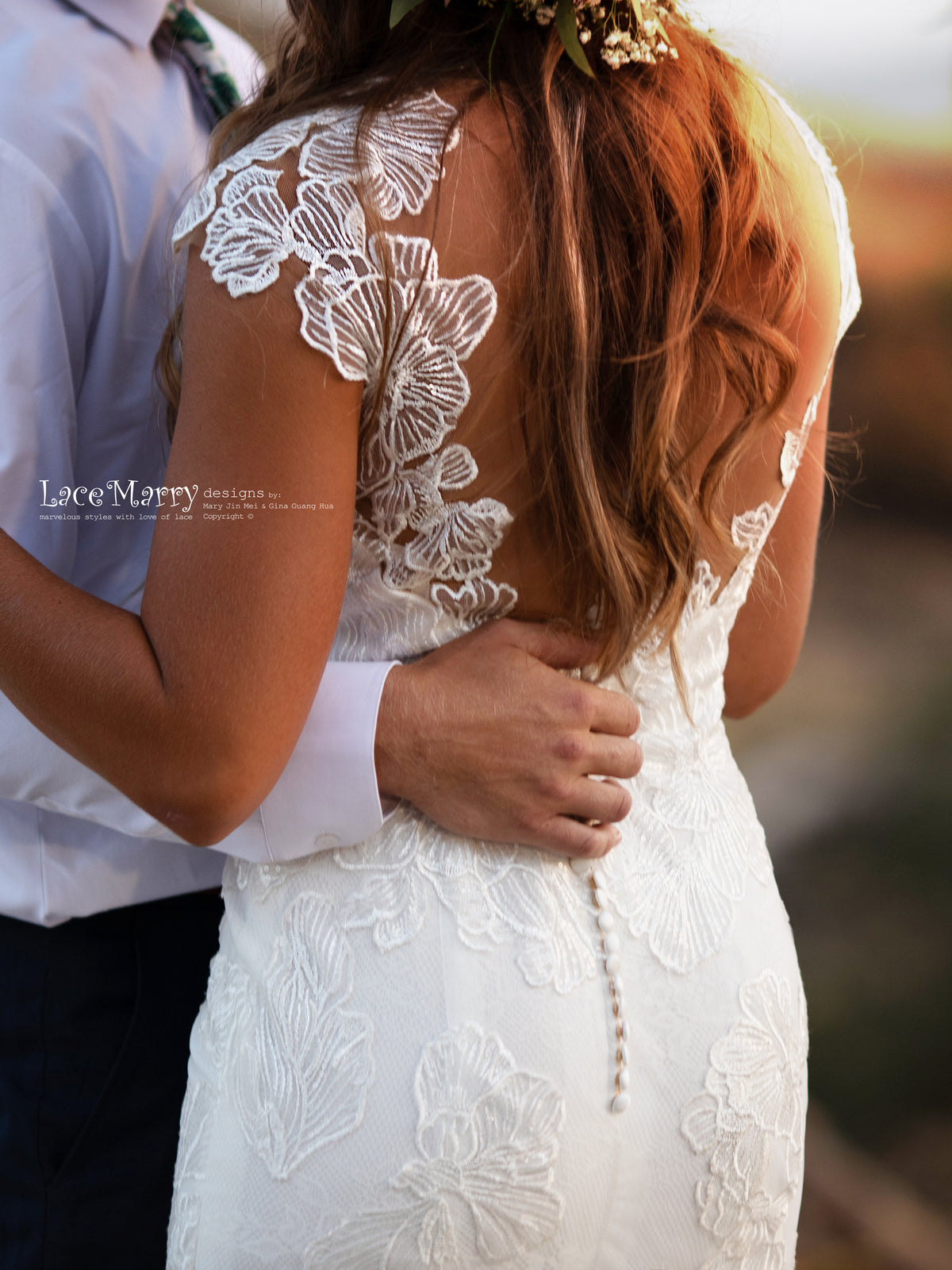 Illusion Back Wedding Dress with Large Flowers