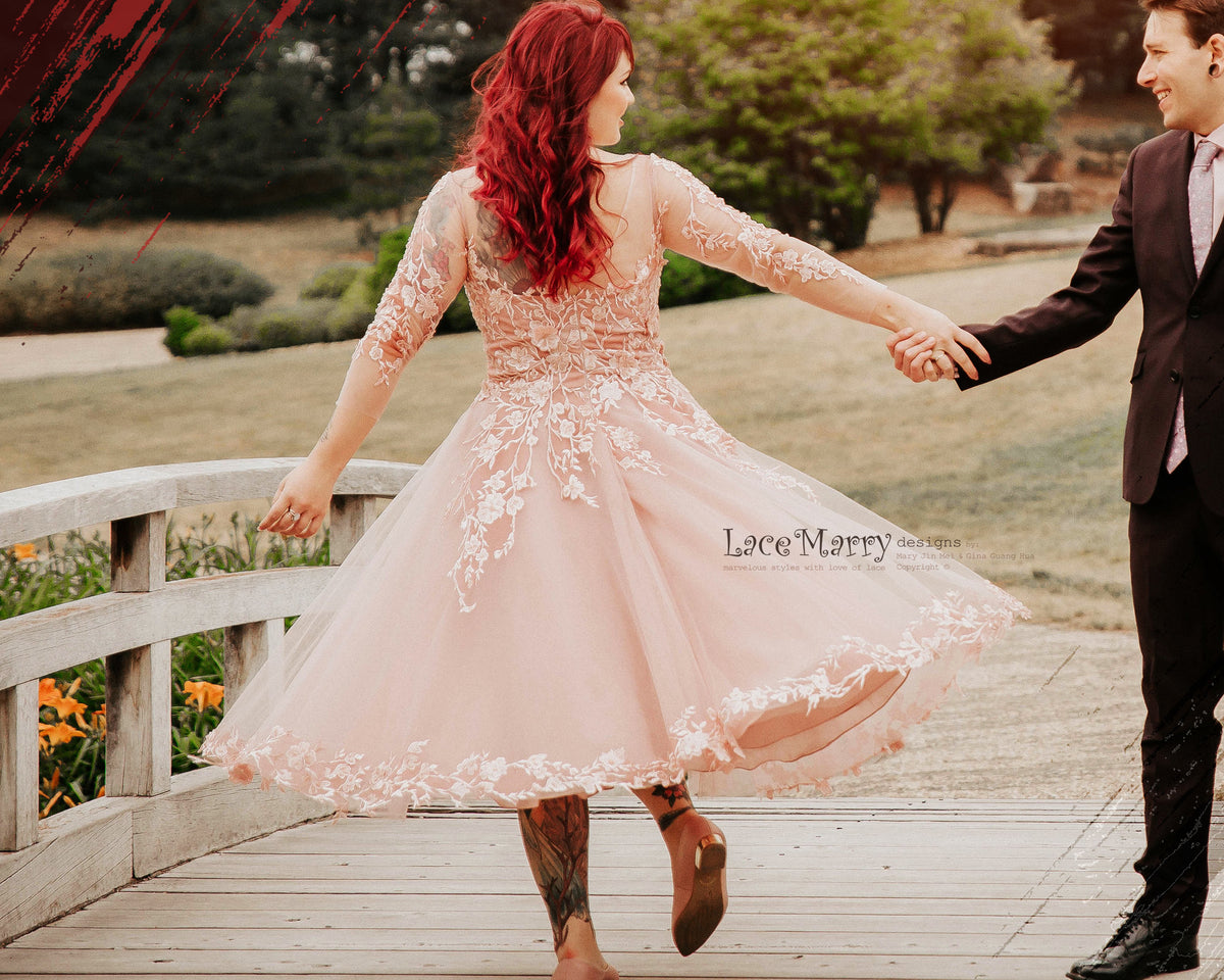 JENESSA / Tea Length Blush Wedding Dress with Long Sleeves - LaceMarry JENESSA / Tea Length Blush Wedding Dress with Long Sleeves - LaceMarry