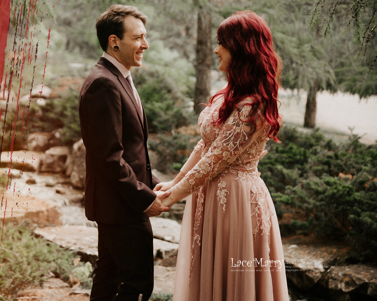 Ivory and Blush Wedding Dress with Long Sleeves