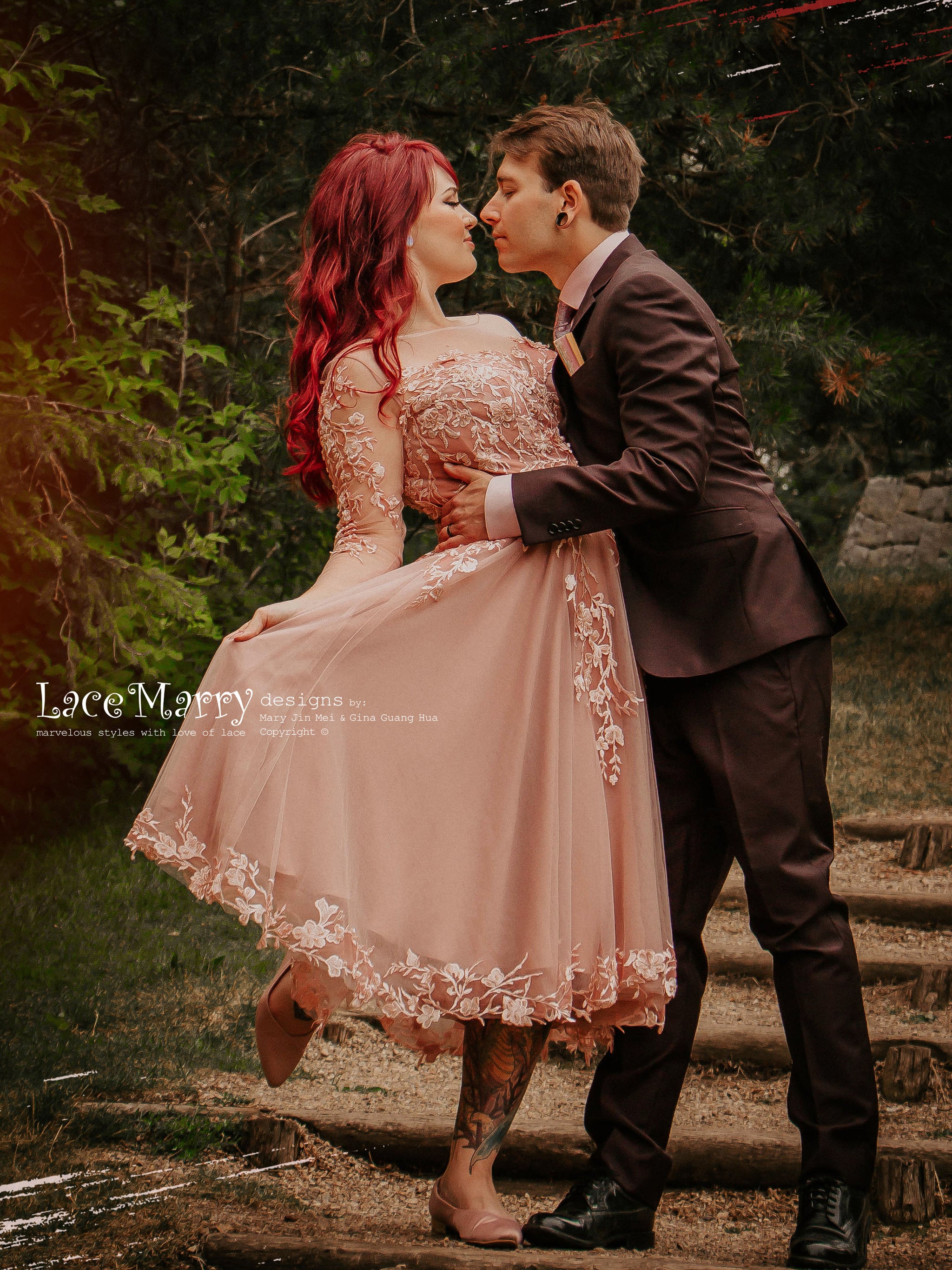 JENESSA / Tea Length Blush Wedding Dress with Long Sleeves - LaceMarry JENESSA / Tea Length Blush Wedding Dress with Long Sleeves - LaceMarry