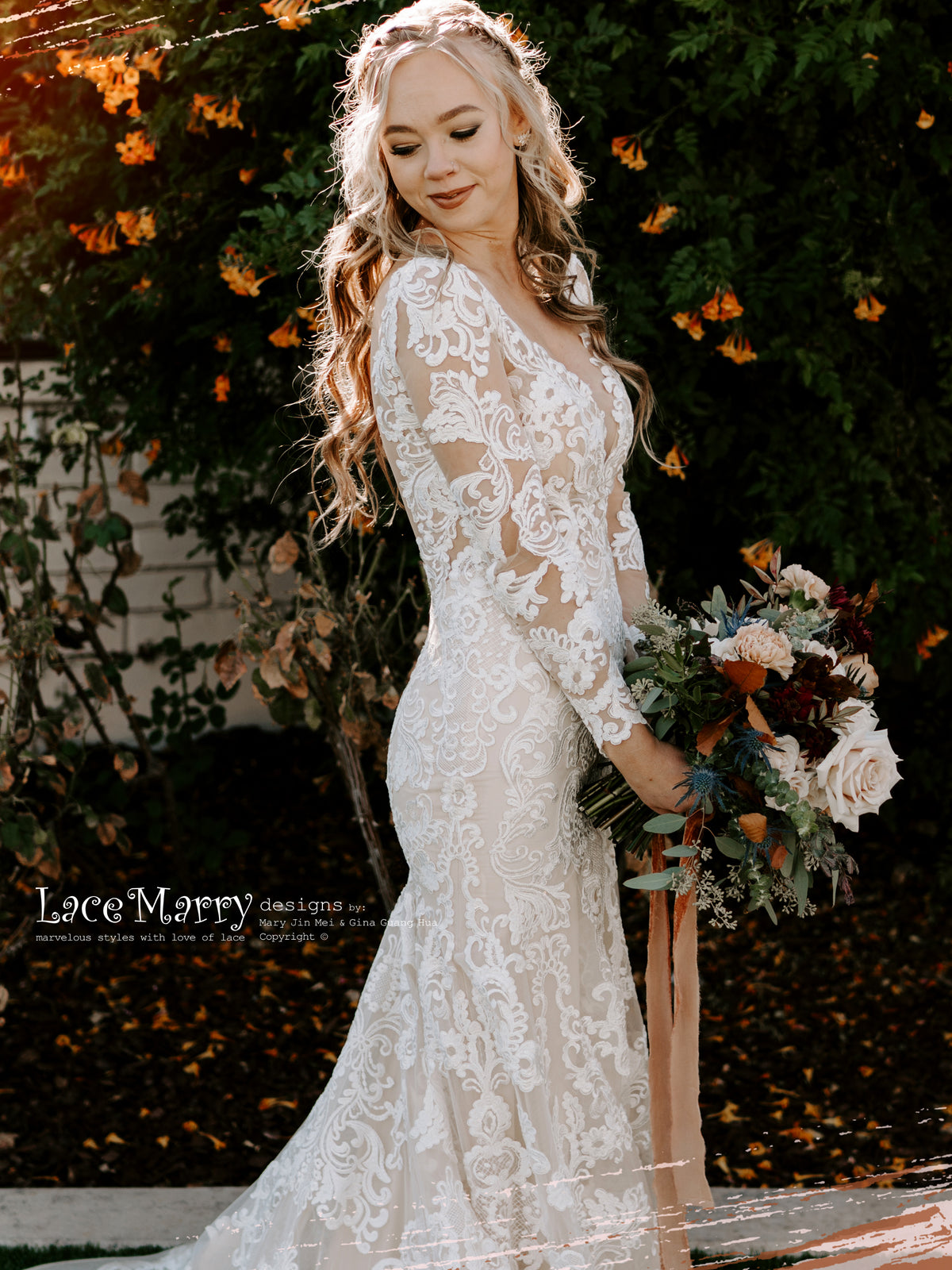 Long Lace Sleeves Wedding Dress- LaceMarry