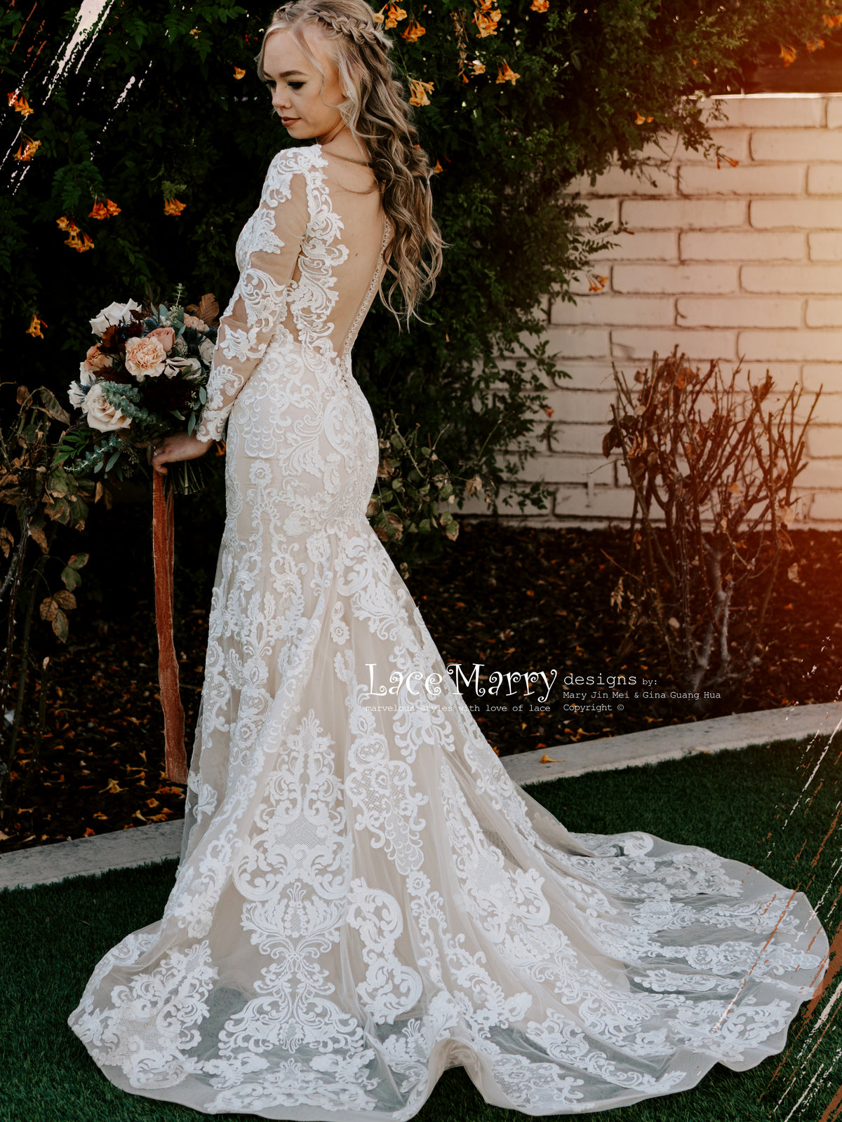 Sheer Open Back Wedding Dress with Train