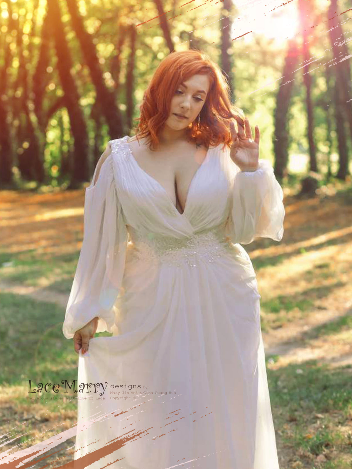 Puff Sleeve Wedding Dress with Deep Sexy Neckline