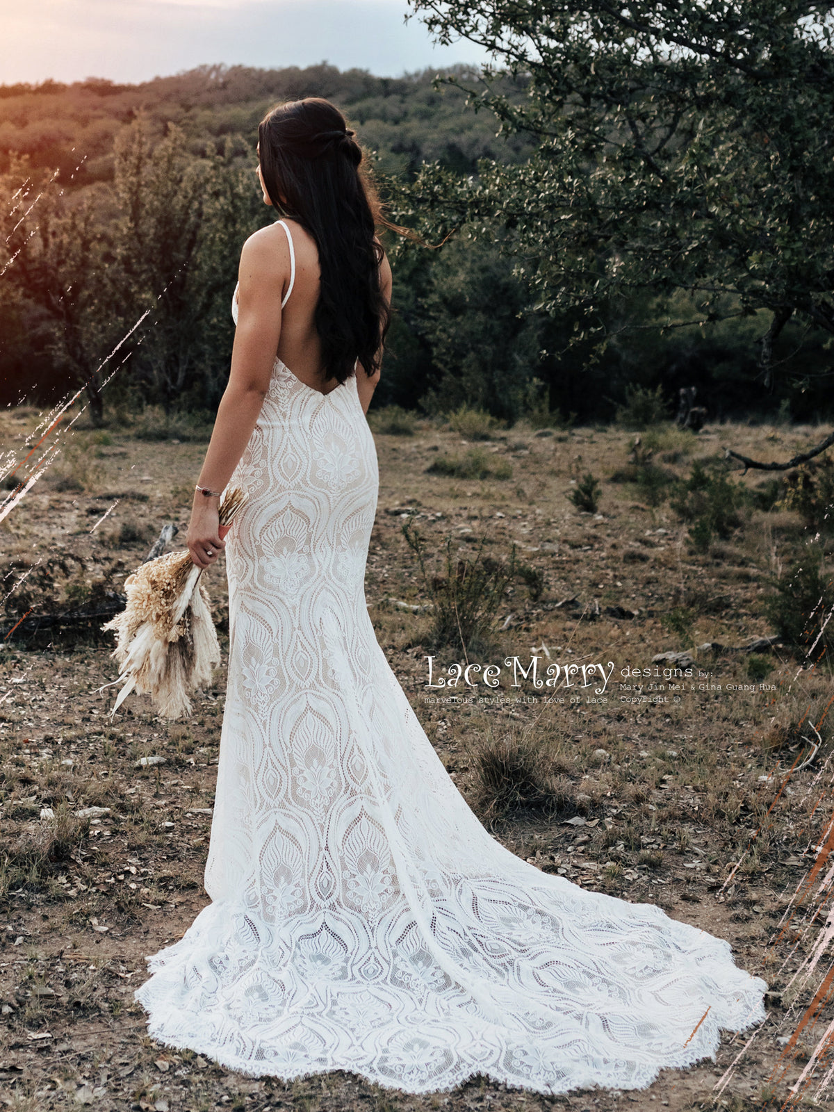 KAILEY / Lace Boho Wedding Dress with Deep V Neck