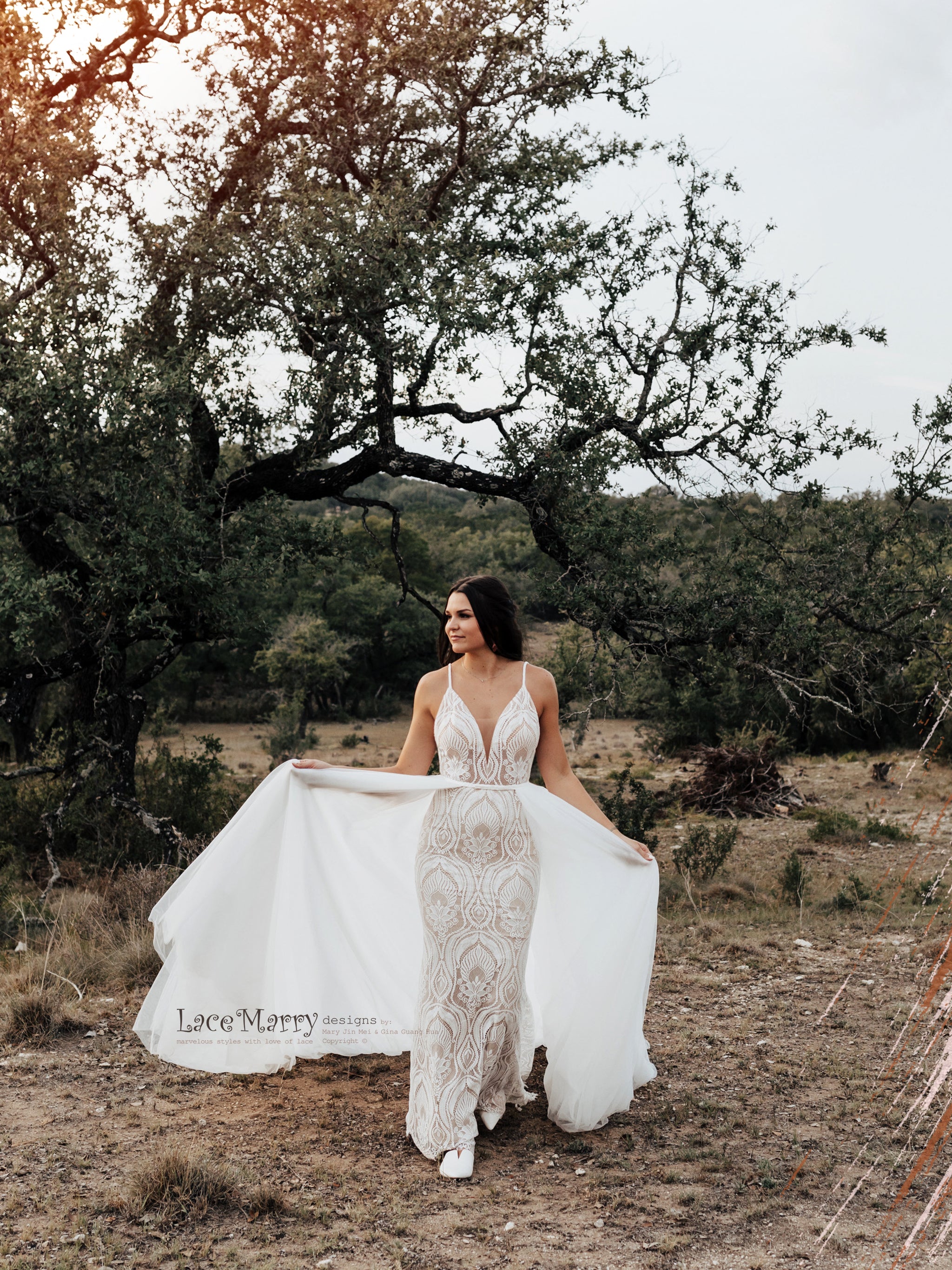 KAILEY / Lace Boho Wedding Dress with Deep V Neck - LaceMarry KAILEY / Lace Boho Wedding Dress with Deep V Neck - LaceMarry