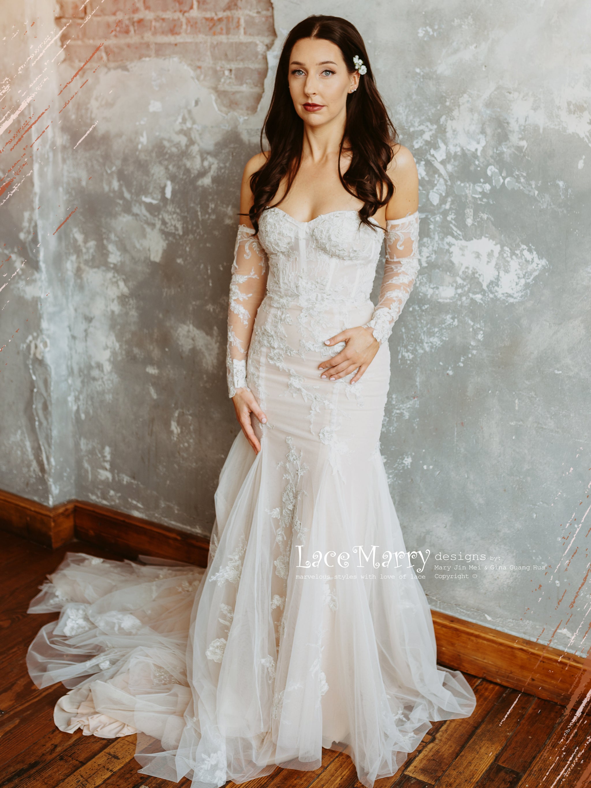ROSALEEN / Strapless Wedding Dress with Long Removable Sleeves - LaceMarry ROSALEEN / Strapless Wedding Dress with Long Removable Sleeves - LaceMarry